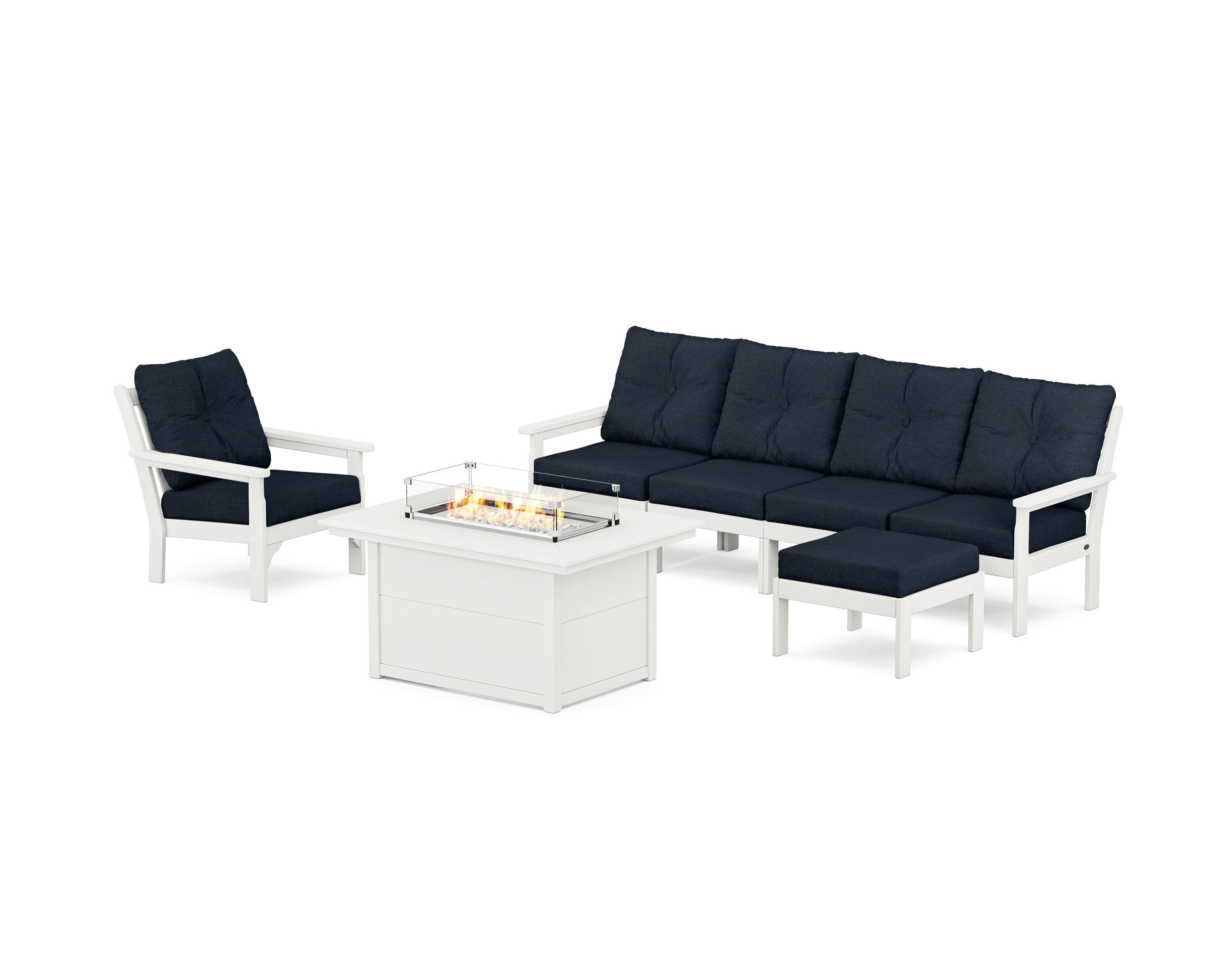 POLYWOOD Vineyard Sectional Lounge and Fire Pit Set in Vintage White / Marine Indigo
