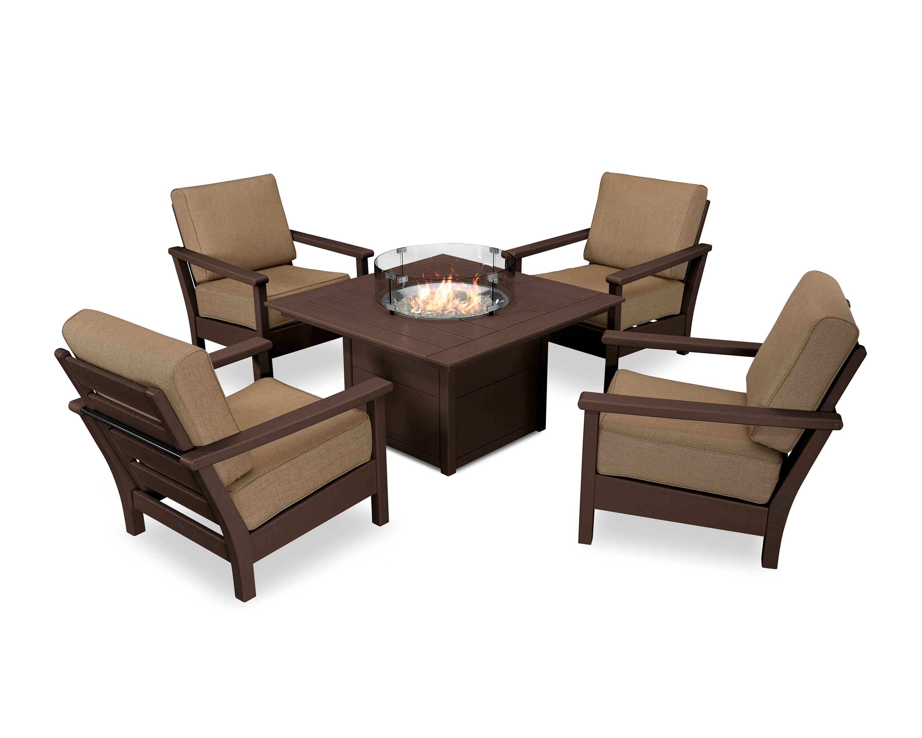POLYWOOD Harbour 5-Piece Conversation Set with Fire Pit Table in Mahogany / Sesame