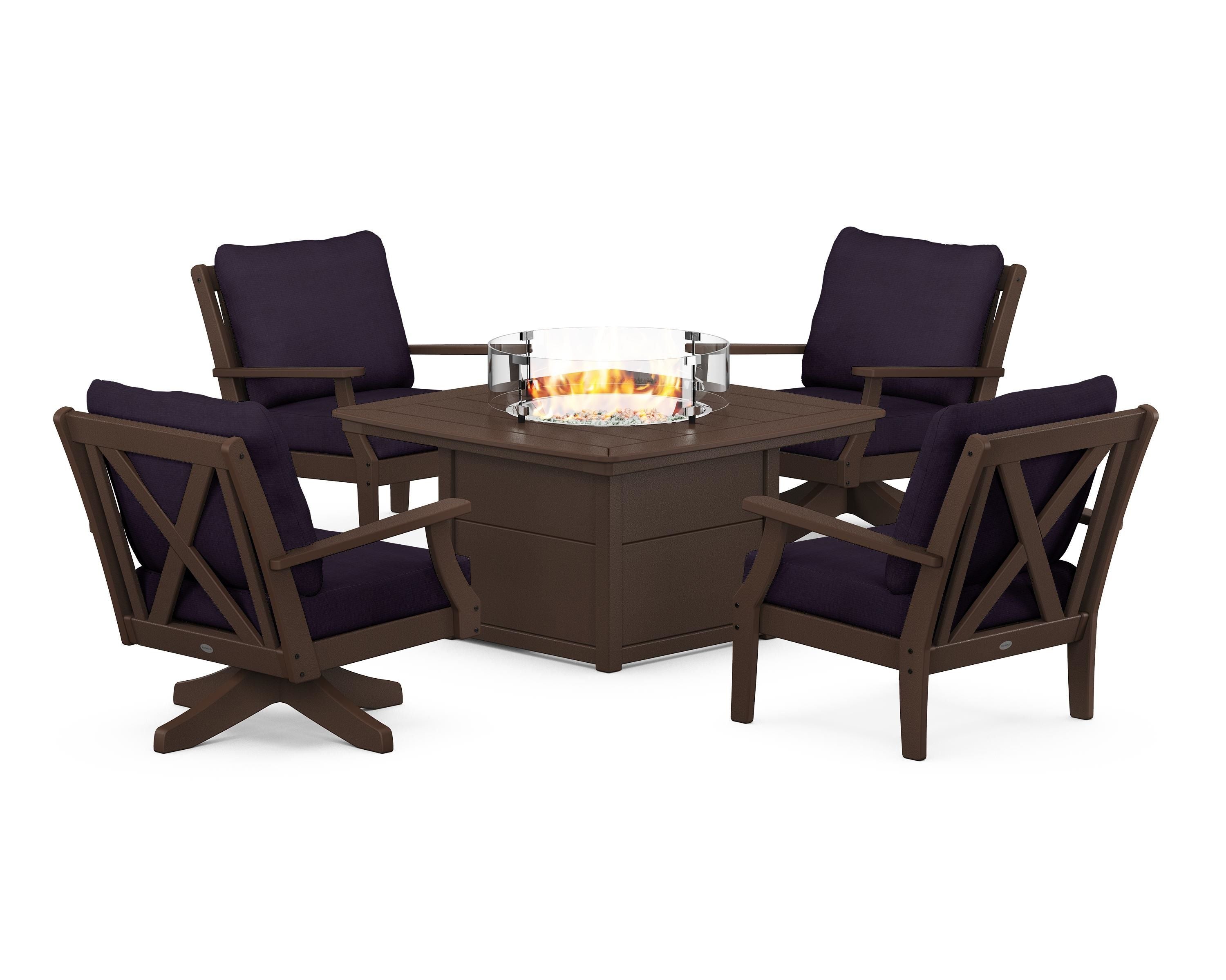 POLYWOOD Braxton 5-Piece Deep Seating Set with Fire Table in Mahogany / Navy Linen