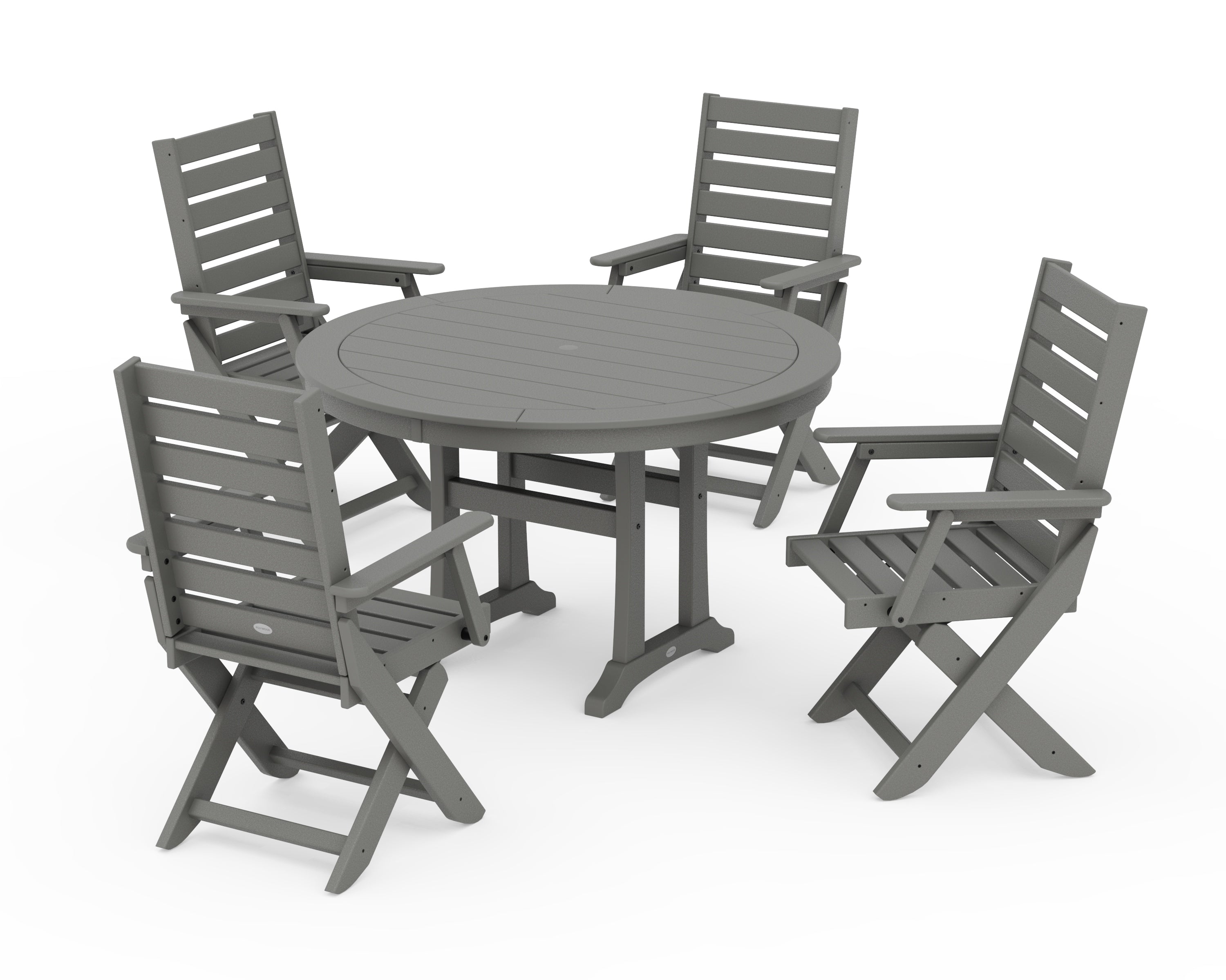 POLYWOOD Captain Folding Chair 5-Piece Round Dining Set with Trestle Legs in Slate Grey