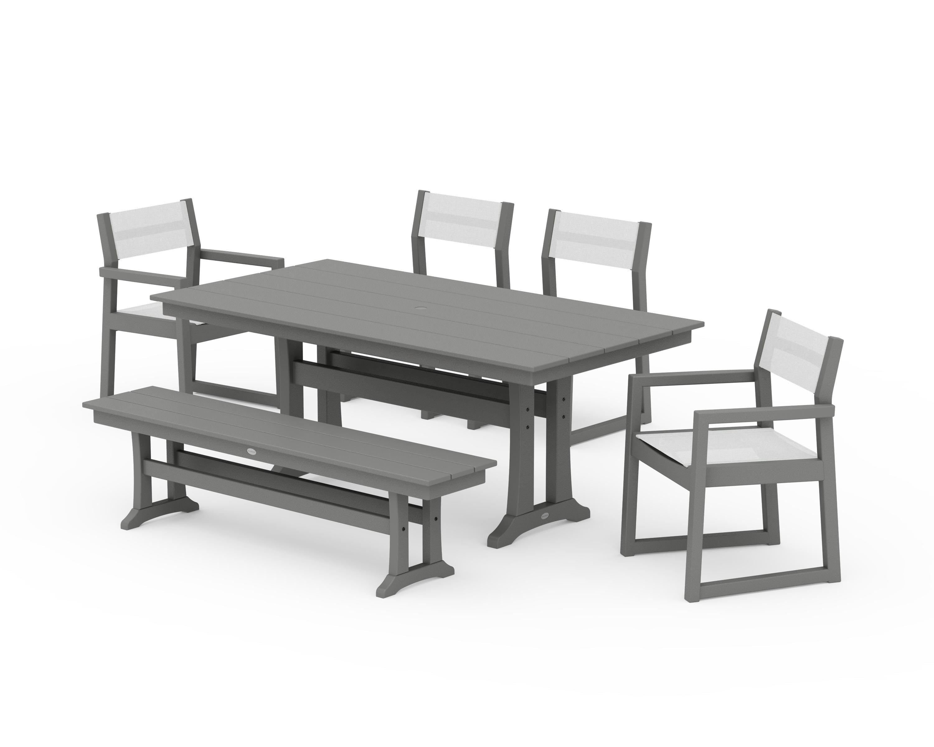 POLYWOOD EDGE Sling 6-Piece Farmhouse Dining Set With Trestle Legs in Slate Grey / White Sling