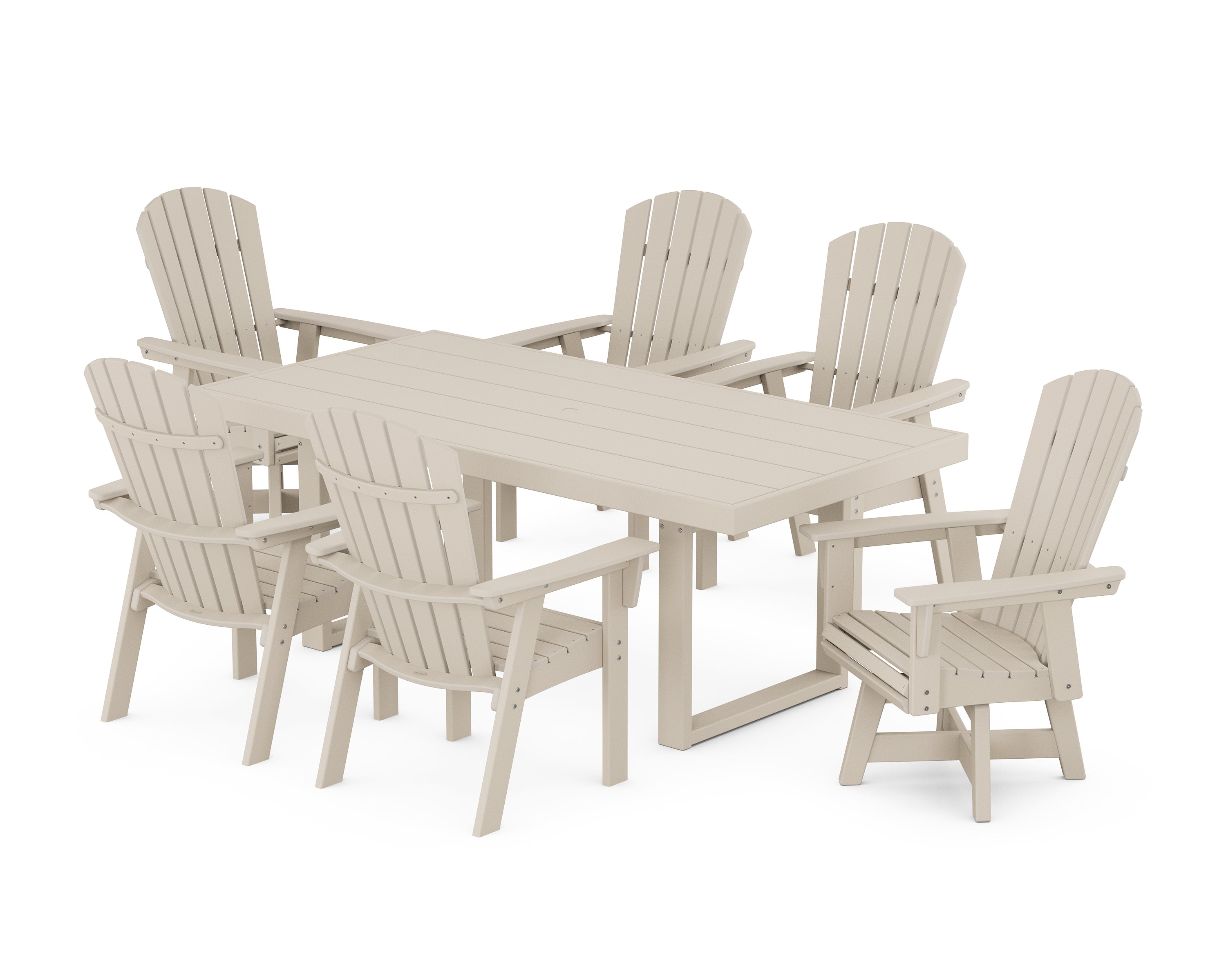 POLYWOOD® Nautical Curveback Adirondack Swivel Chair 7-Piece Dining Set in Sand