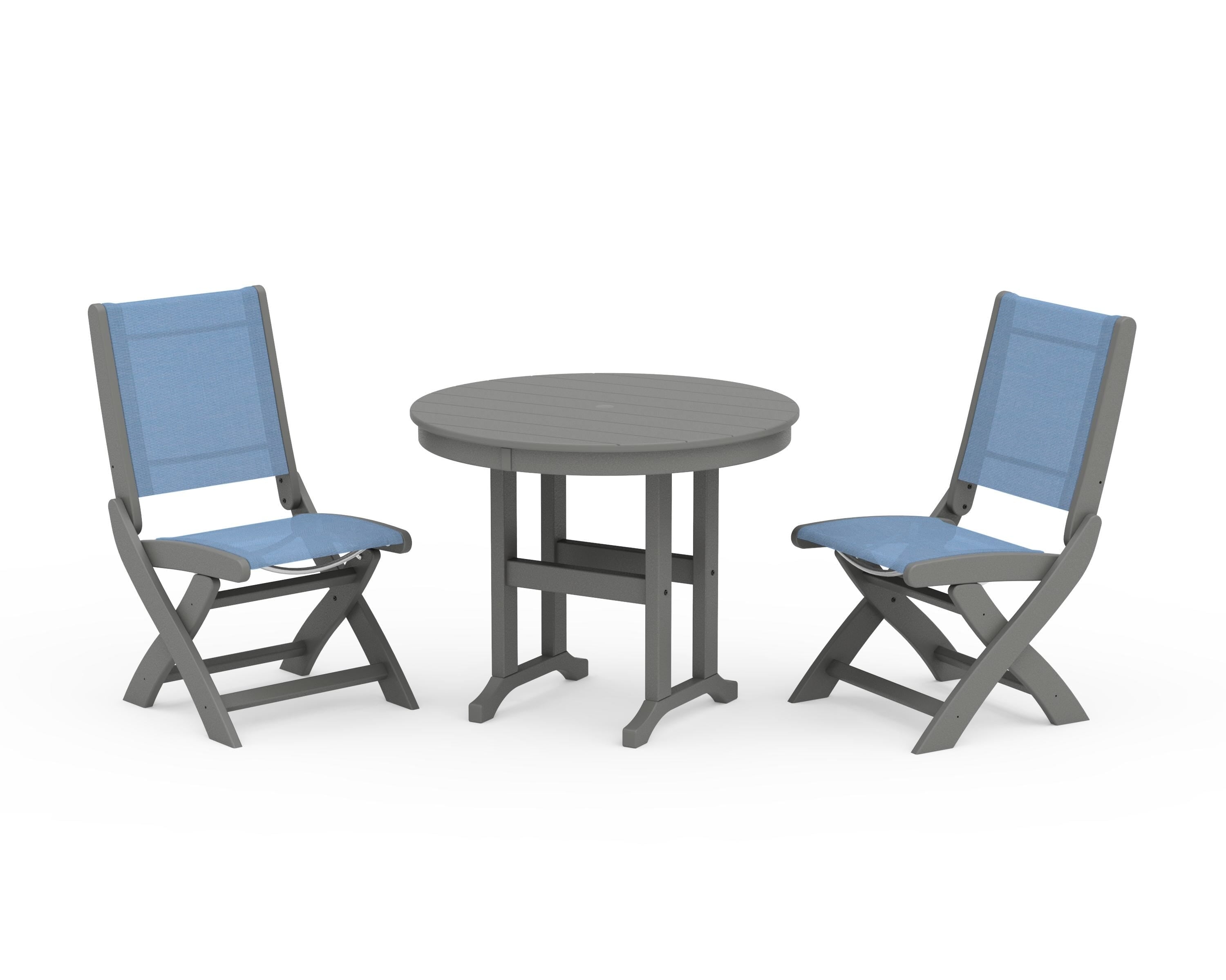 POLYWOOD Coastal Folding Side Chair 3-Piece Round Dining Set in Slate Grey / Poolside Sling