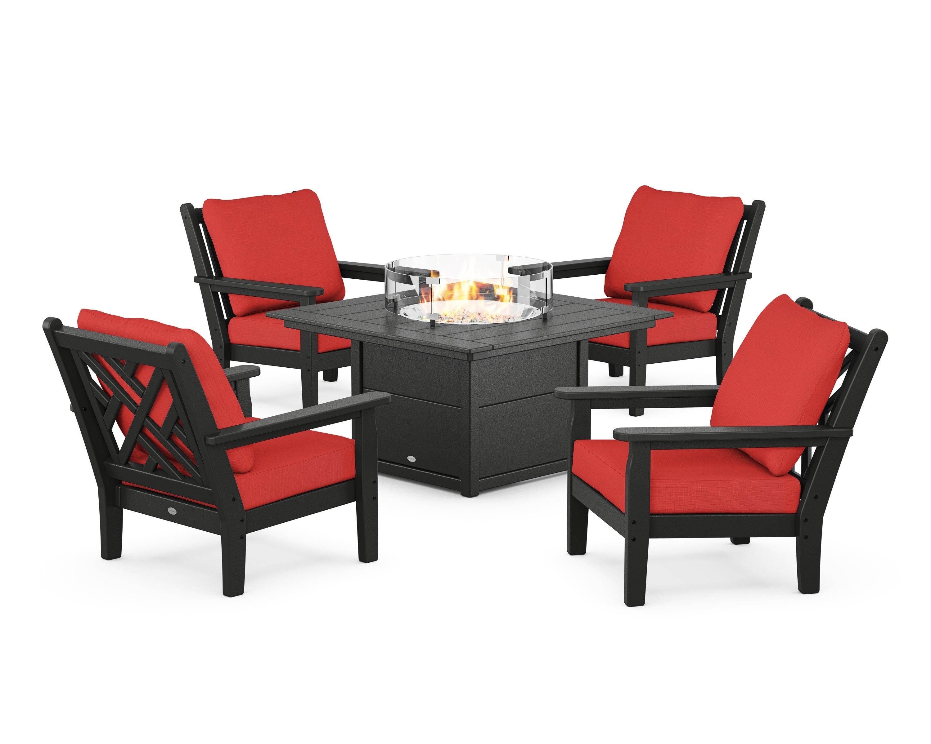 POLYWOOD Chippendale 5-Piece Deep Seating Set with Fire Pit Table in Black / Crimson Linen