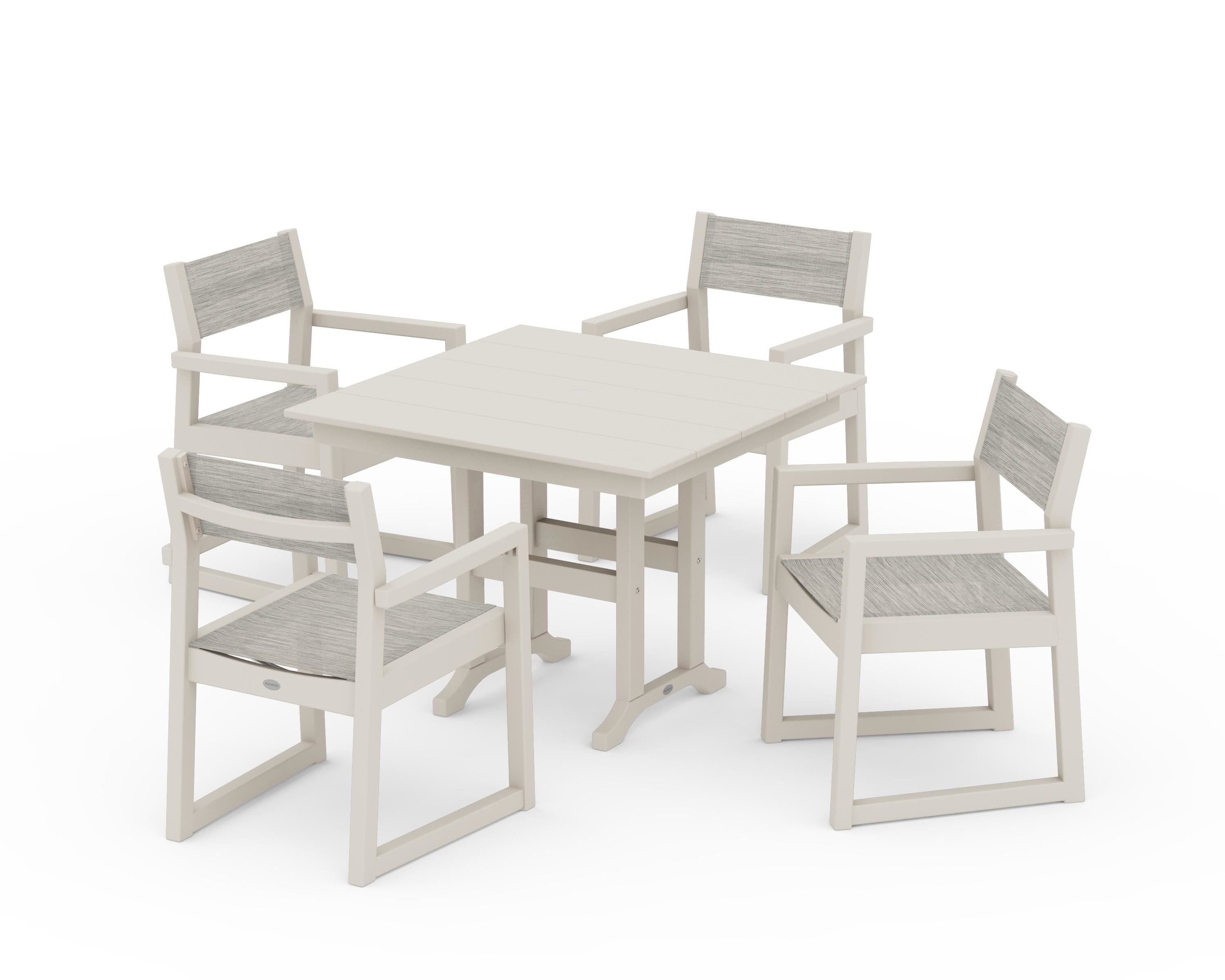 POLYWOOD EDGE Sling Arm Chair 5-Piece Farmhouse Dining Set in Sand / Birch Sling