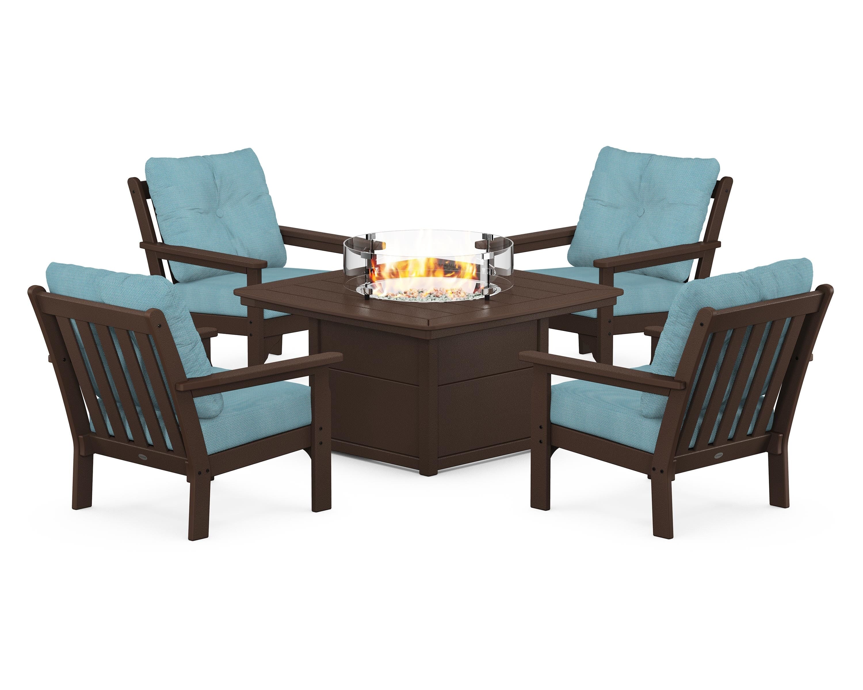 POLYWOOD Vineyard 5-Piece Conversation Set with Fire Pit Table in Mahogany / Lattice Sky Blue