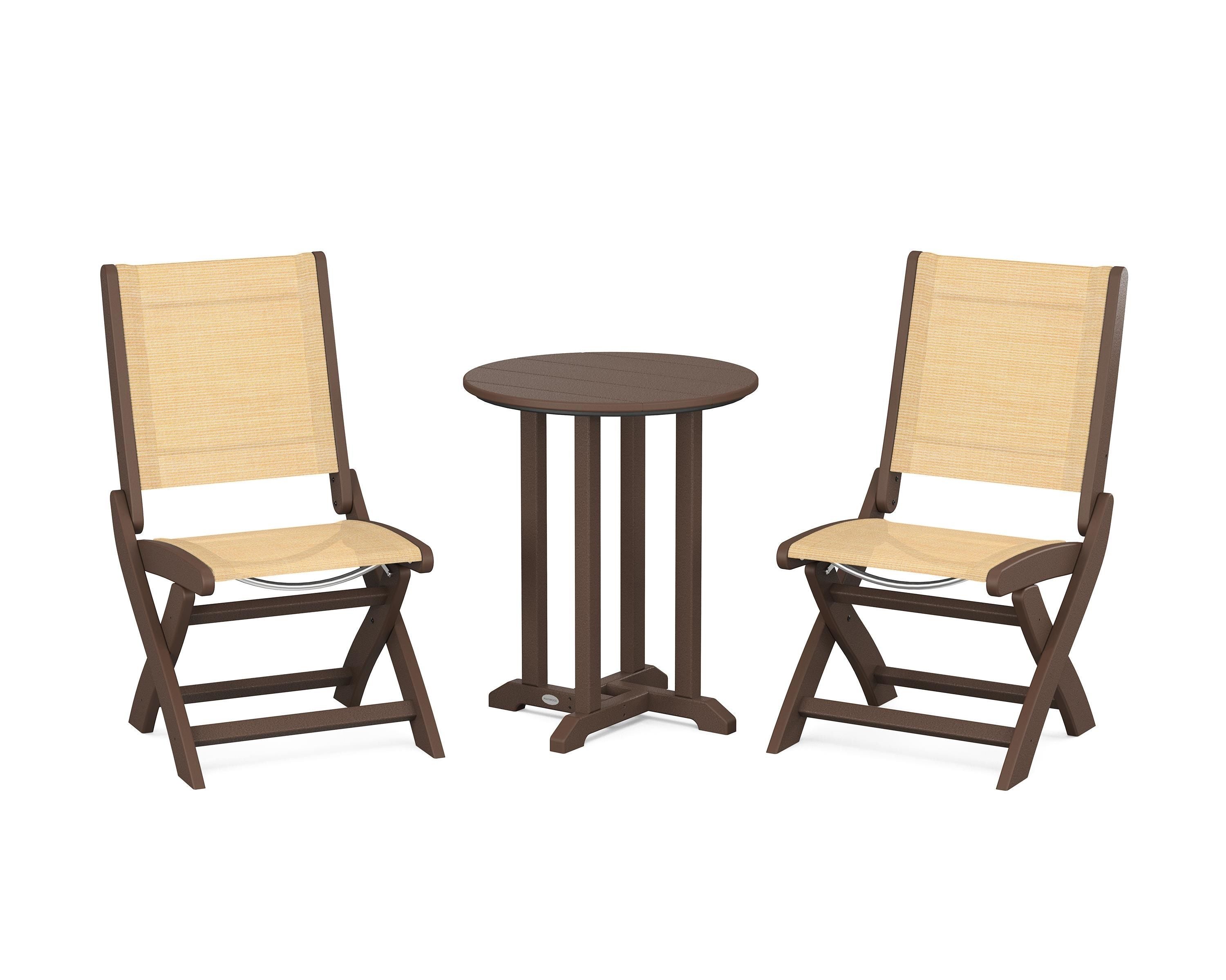 POLYWOOD Coastal Folding Side Chair 3-Piece Round Bistro Dining Set in Mahogany / Dupioni Apricot Sling
