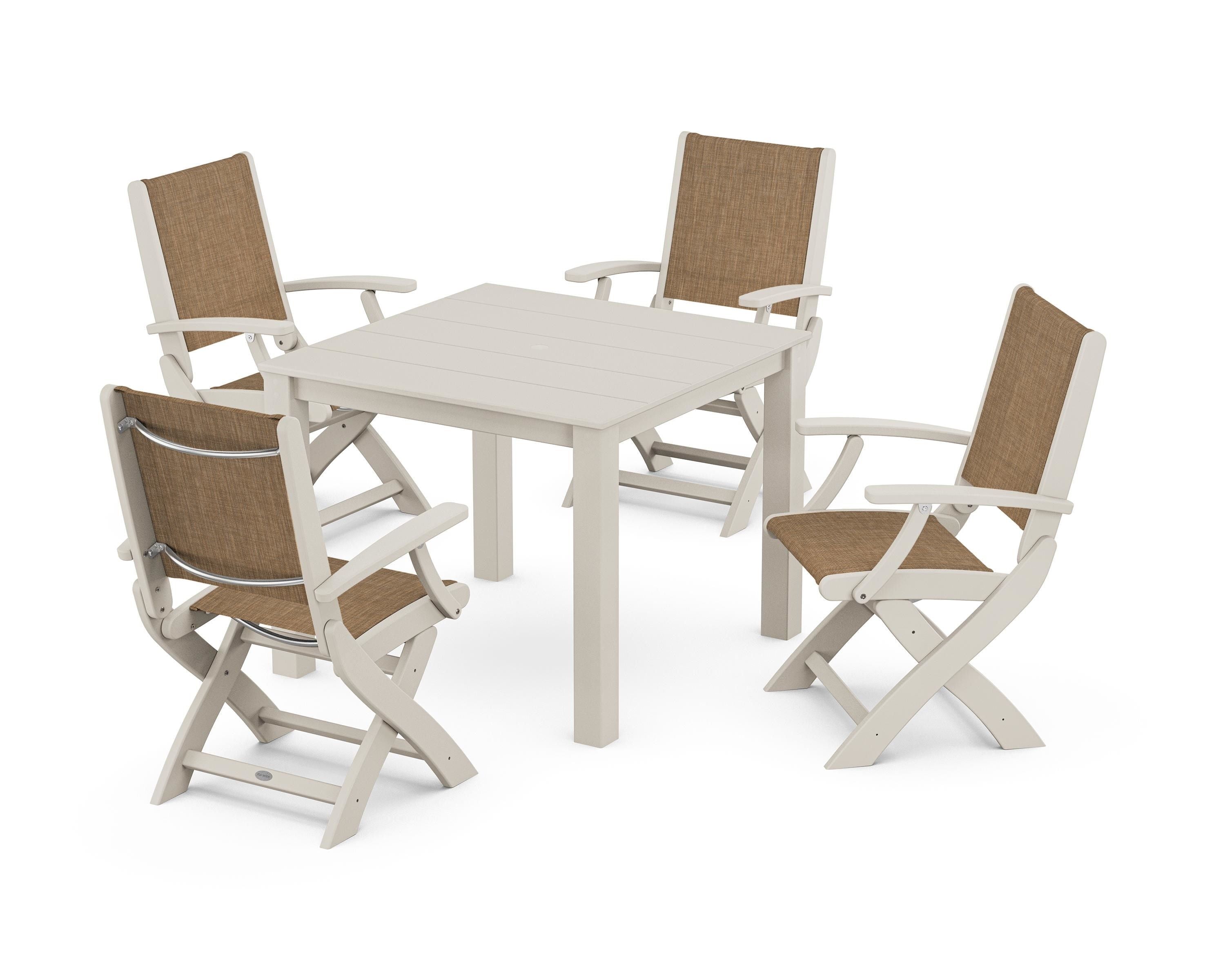 POLYWOOD Coastal Folding Chair 5-Piece Parsons Dining Set in Sand / Burlap Sling