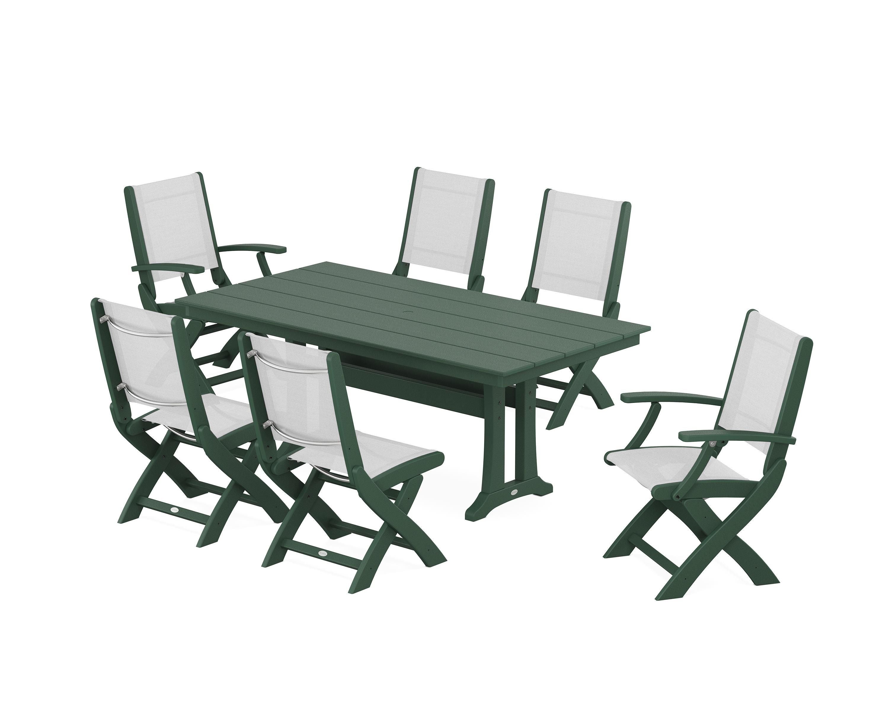 POLYWOOD Coastal Folding Chair 7-Piece Farmhouse Dining Set with Trestle Legs in Green / White Sling