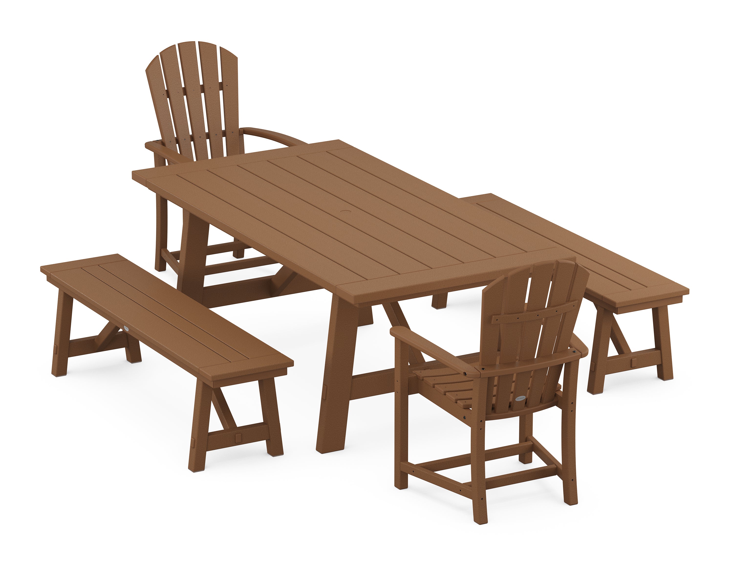 POLYWOOD® Palm Coast 5-Piece Rustic Farmhouse Dining Set With Benches in Teak