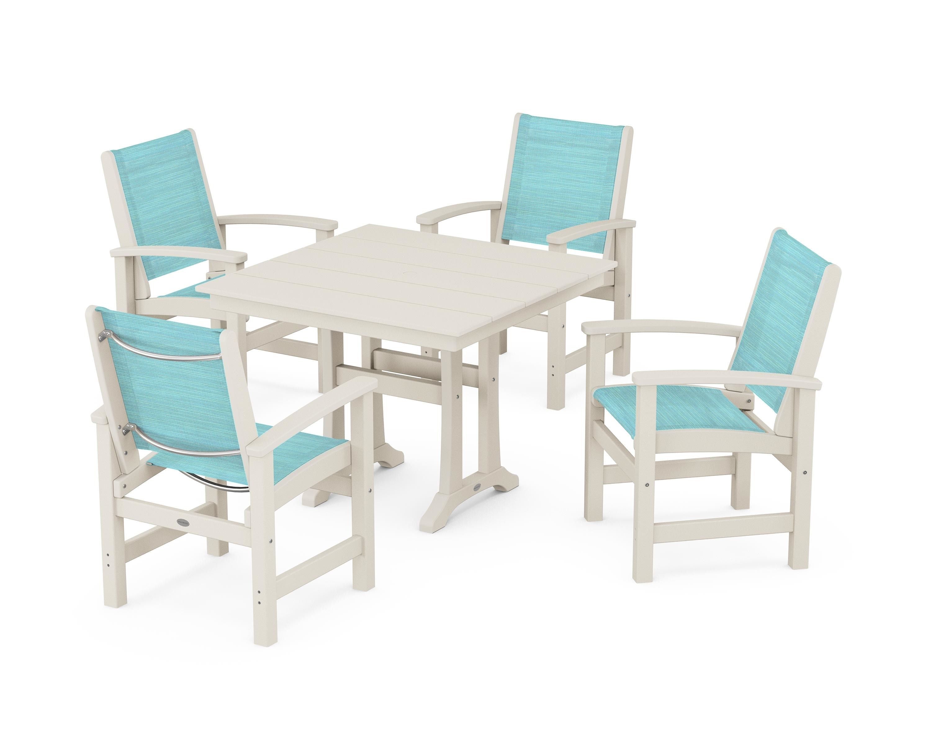 POLYWOOD Coastal 5-Piece Farmhouse Dining Set With Trestle Legs in Sand / Dupioni Aquamarine Sling