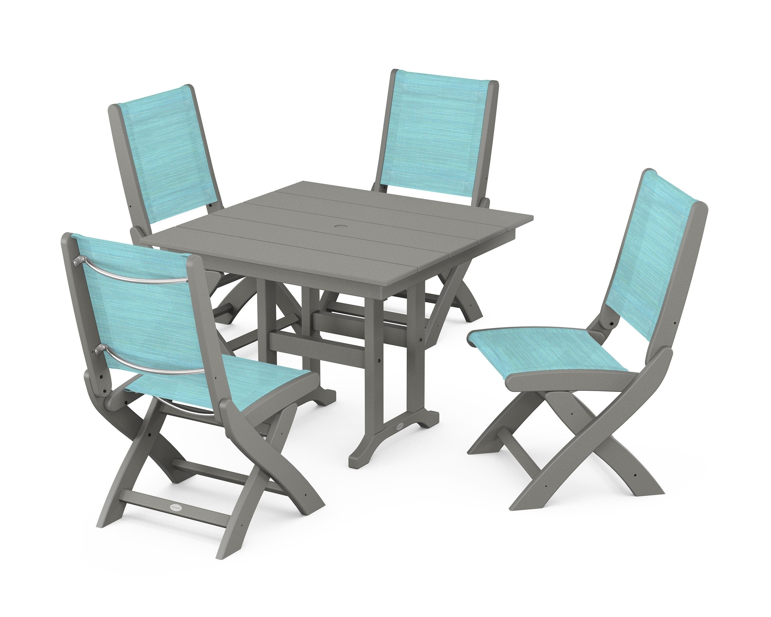 POLYWOOD Coastal Folding Side Chair 5-Piece Farmhouse Dining Set in Slate Grey / Dupioni Aquamarine Sling
