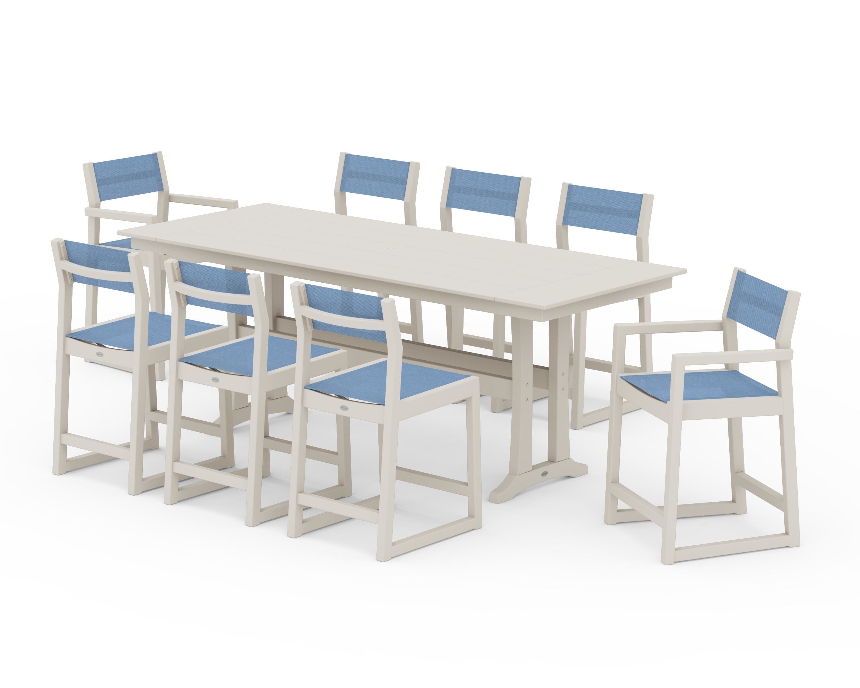 POLYWOOD EDGE Sling 9-Piece Farmhouse Counter Set with Trestle Legs in Sand / Poolside Sling