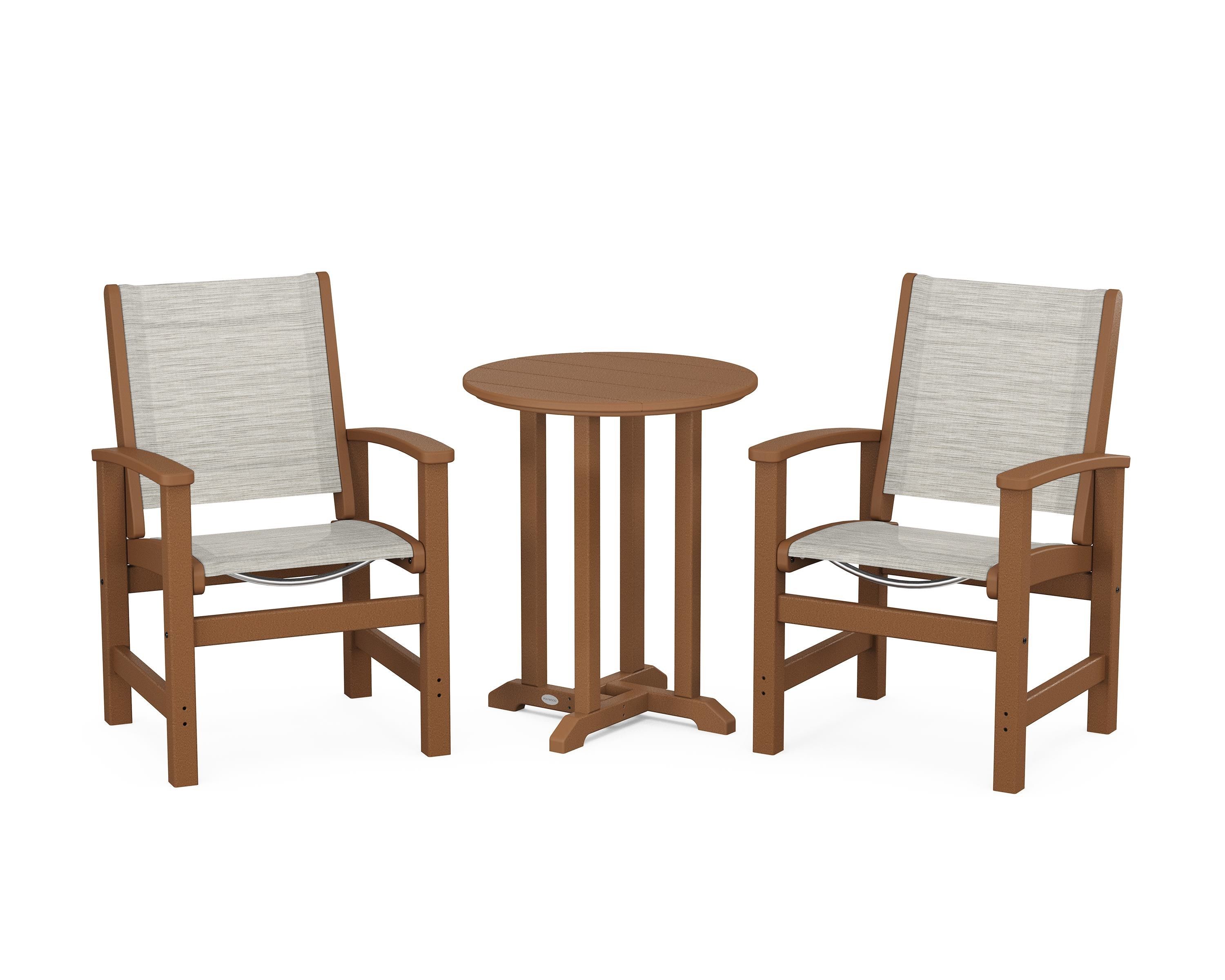 POLYWOOD Coastal 3-Piece Round Bistro Dining Set in Teak / Birch Sling