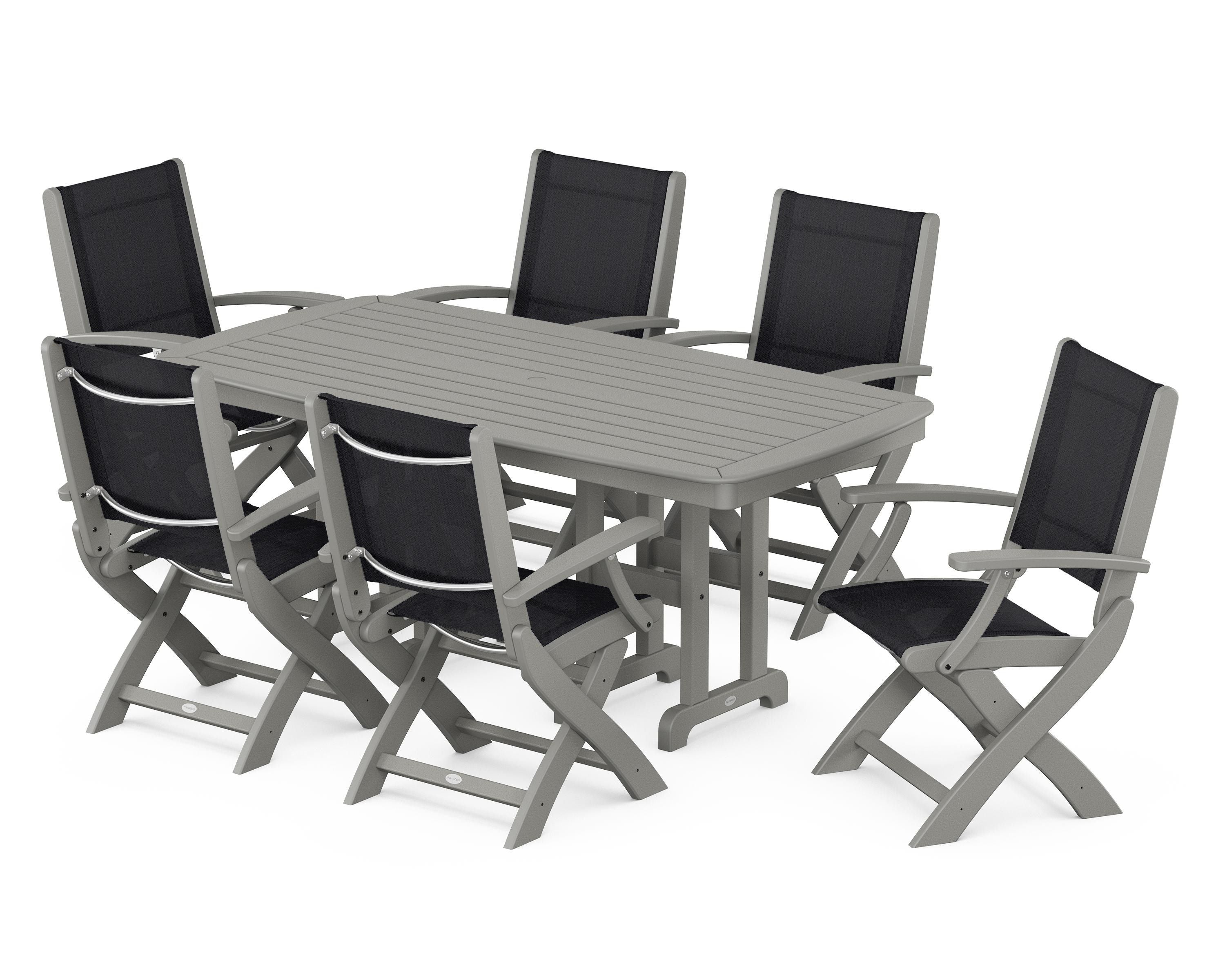 POLYWOOD Coastal Folding Arm Chair 7-Piece Dining Set in Slate Grey / Black Sling