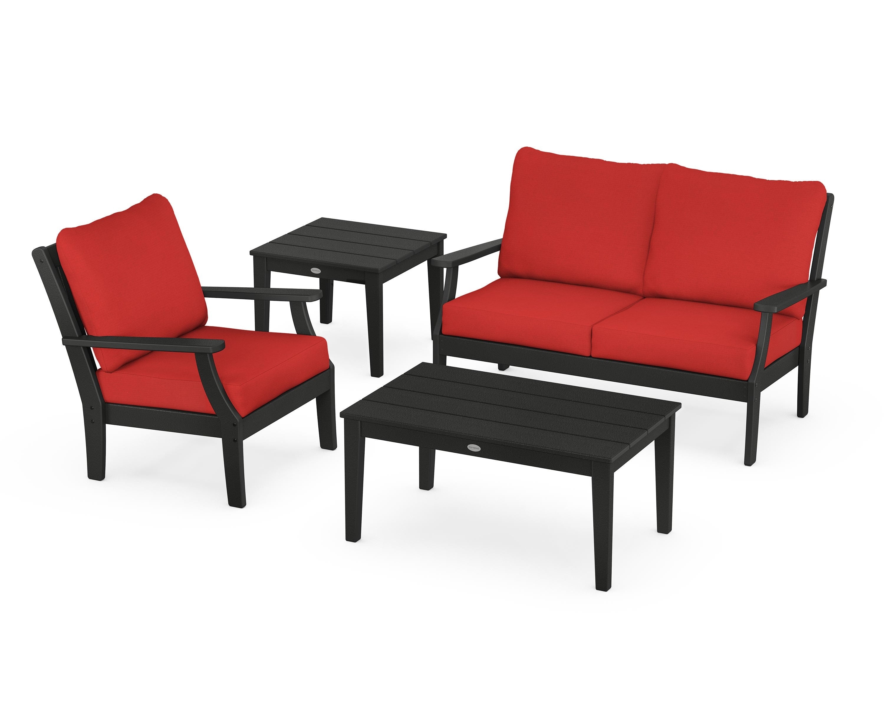 POLYWOOD Braxton 4-Piece Deep Seating Set in Black / Crimson Linen