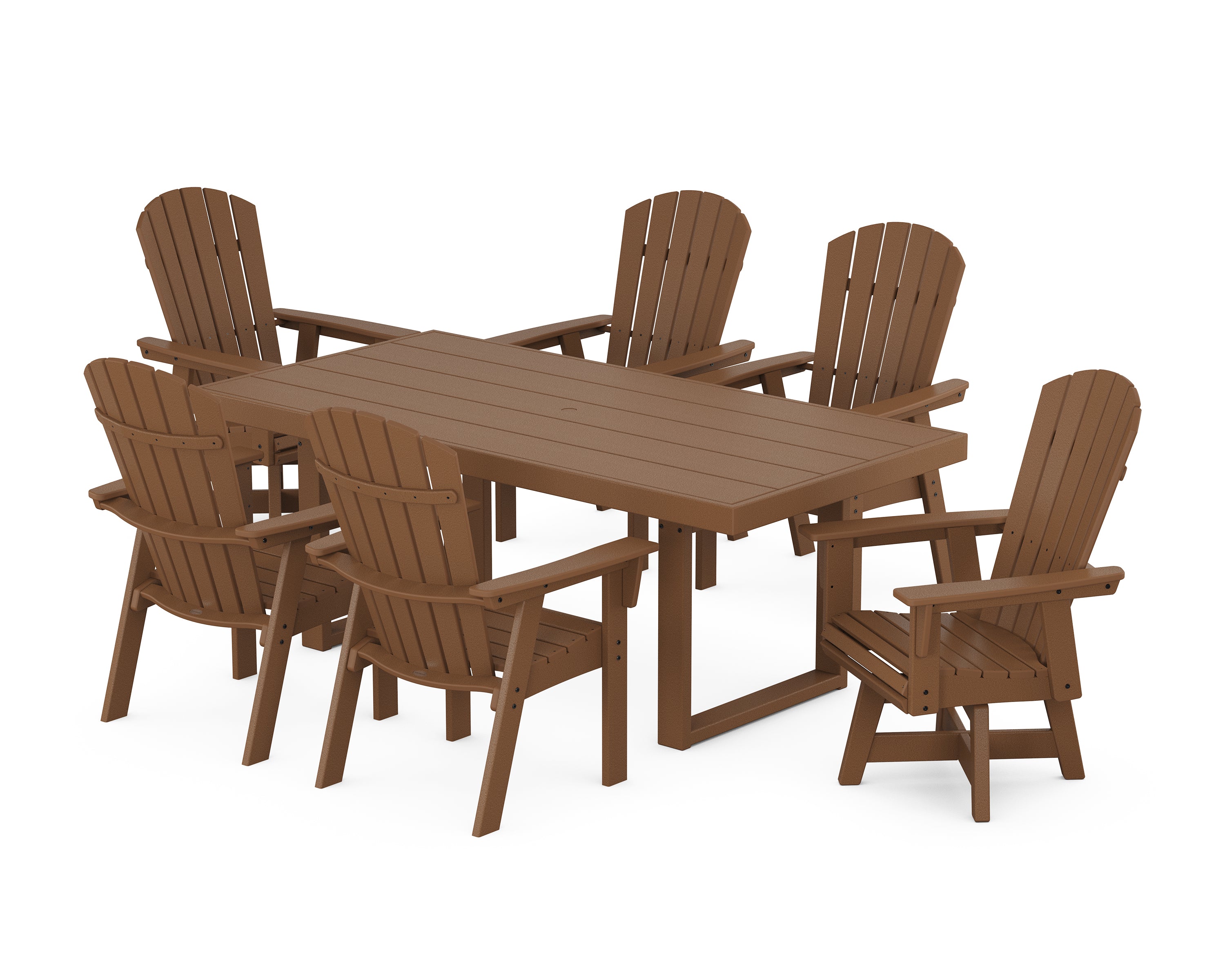 POLYWOOD® Nautical Curveback Adirondack Swivel Chair 7-Piece Dining Set in Teak