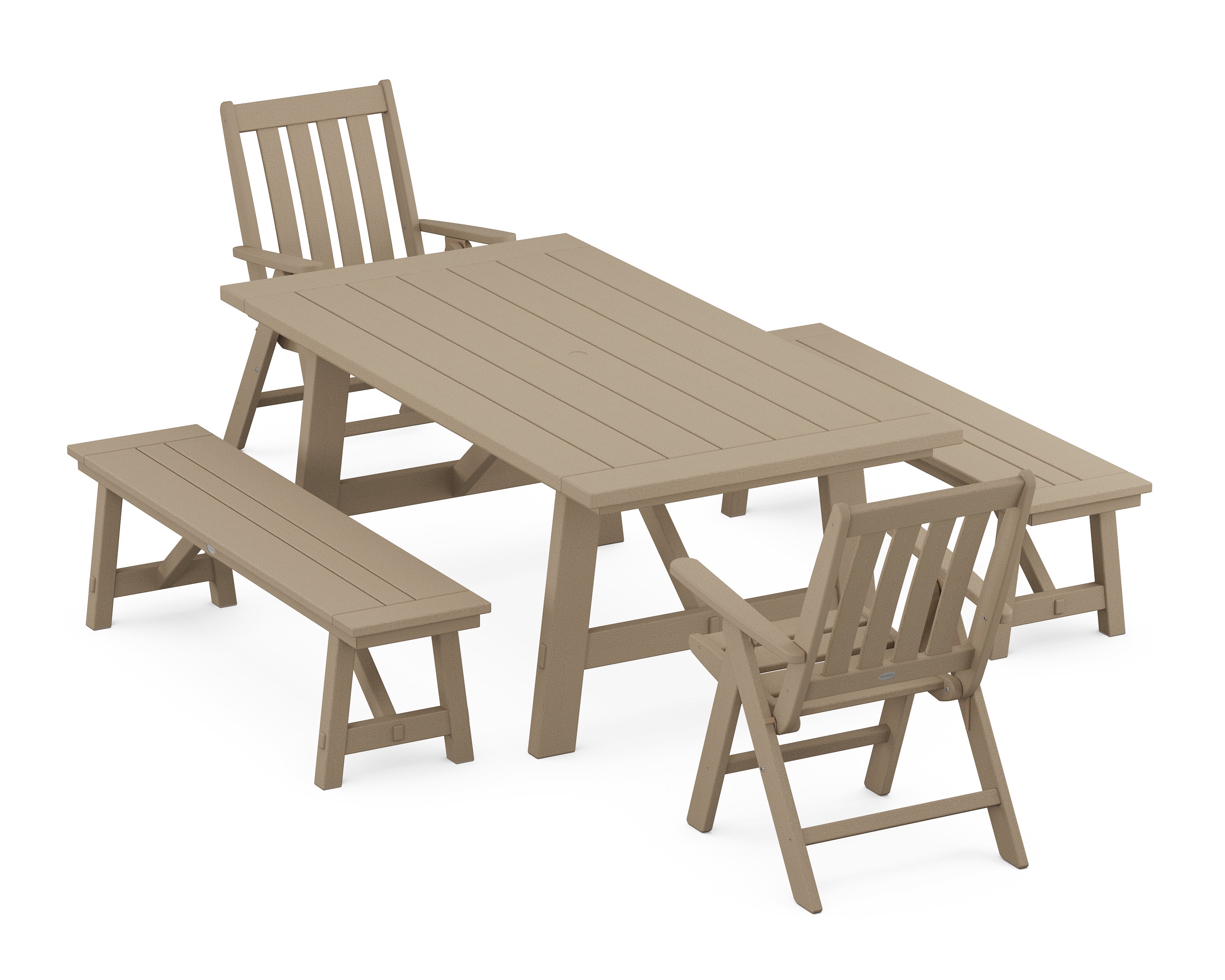 POLYWOOD® Vineyard Folding Chair 5-Piece Rustic Farmhouse Dining Set With Benches in Vintage Sahara