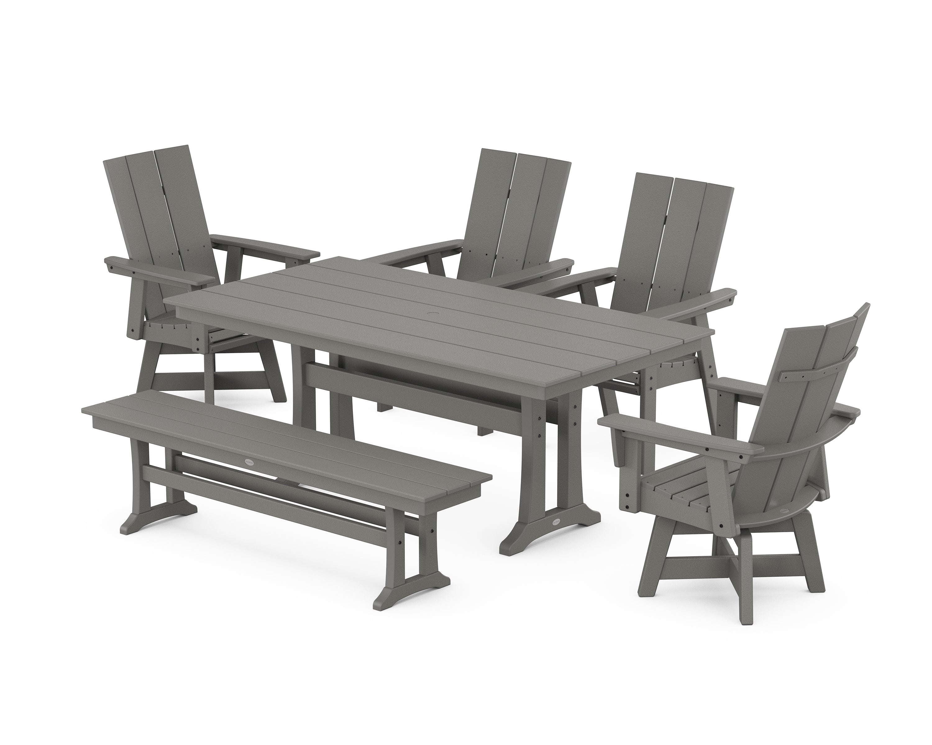 POLYWOOD® Modern Curveback Adirondack Swivel Chair 6-Piece Farmhouse Dining Set With Trestle Legs and Bench in Slate Grey