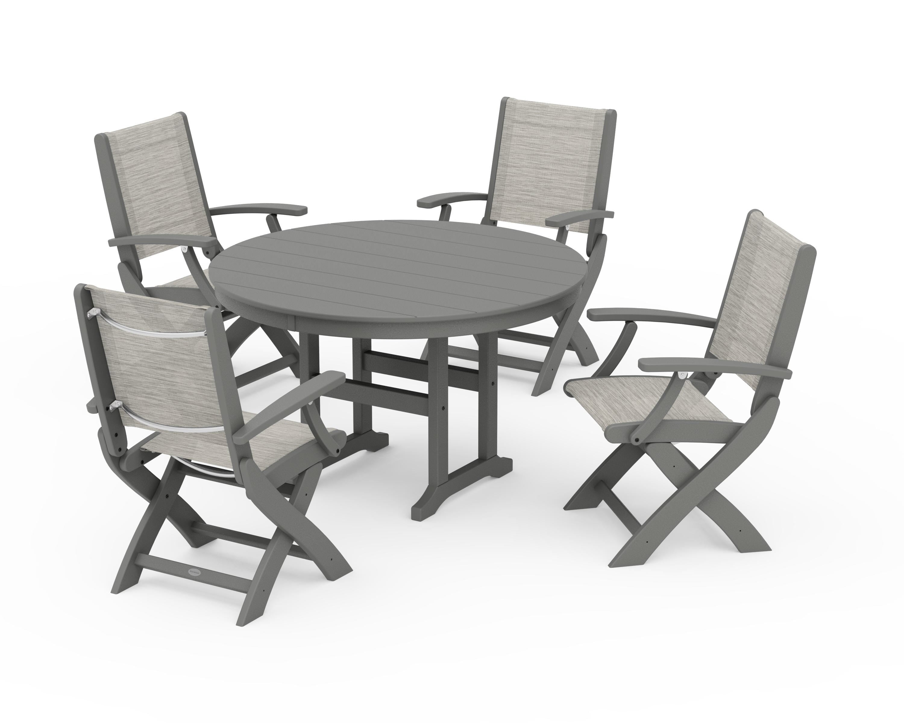 POLYWOOD Coastal Folding Chair 5-Piece Round Dining Set in Slate Grey / Birch Sling
