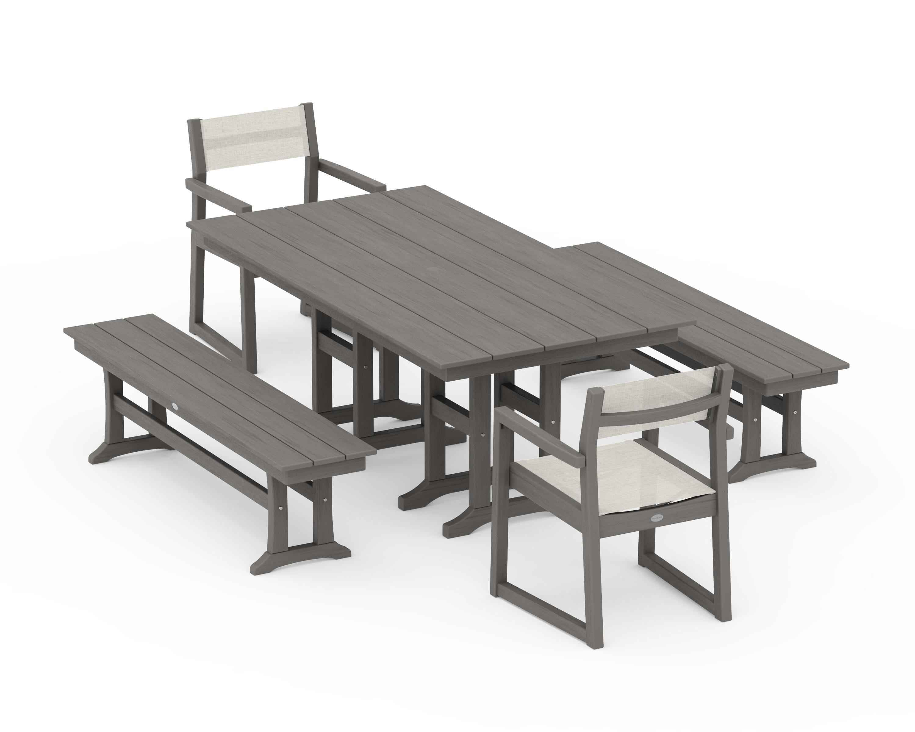 POLYWOOD EDGE Sling Arm Chair 5-Piece Farmhouse Dining Set with Benches in Driftwood / Parchment Sling