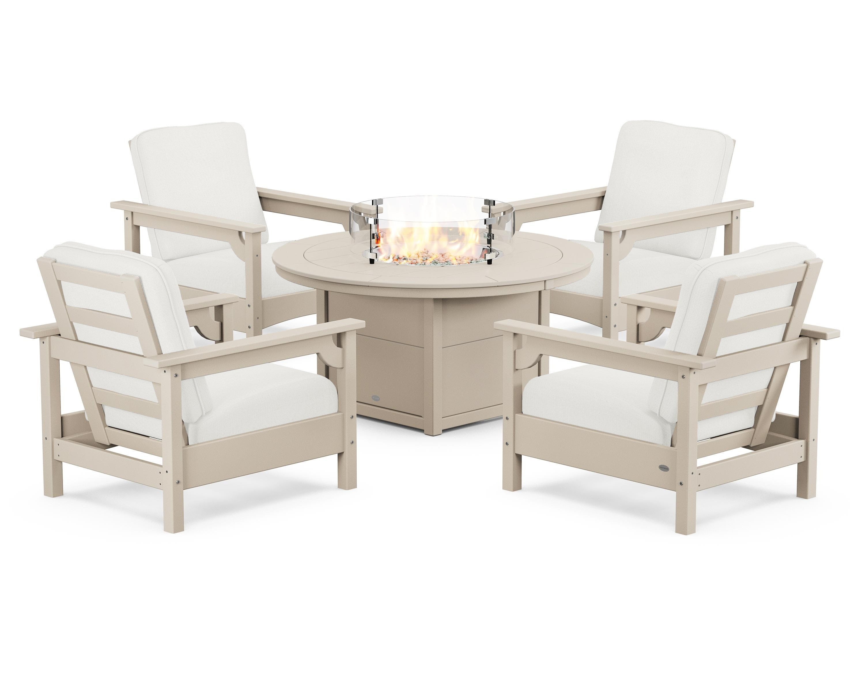 POLYWOOD Club 5-Piece Conversation Set with Fire Pit Table in Sand / Natural Linen