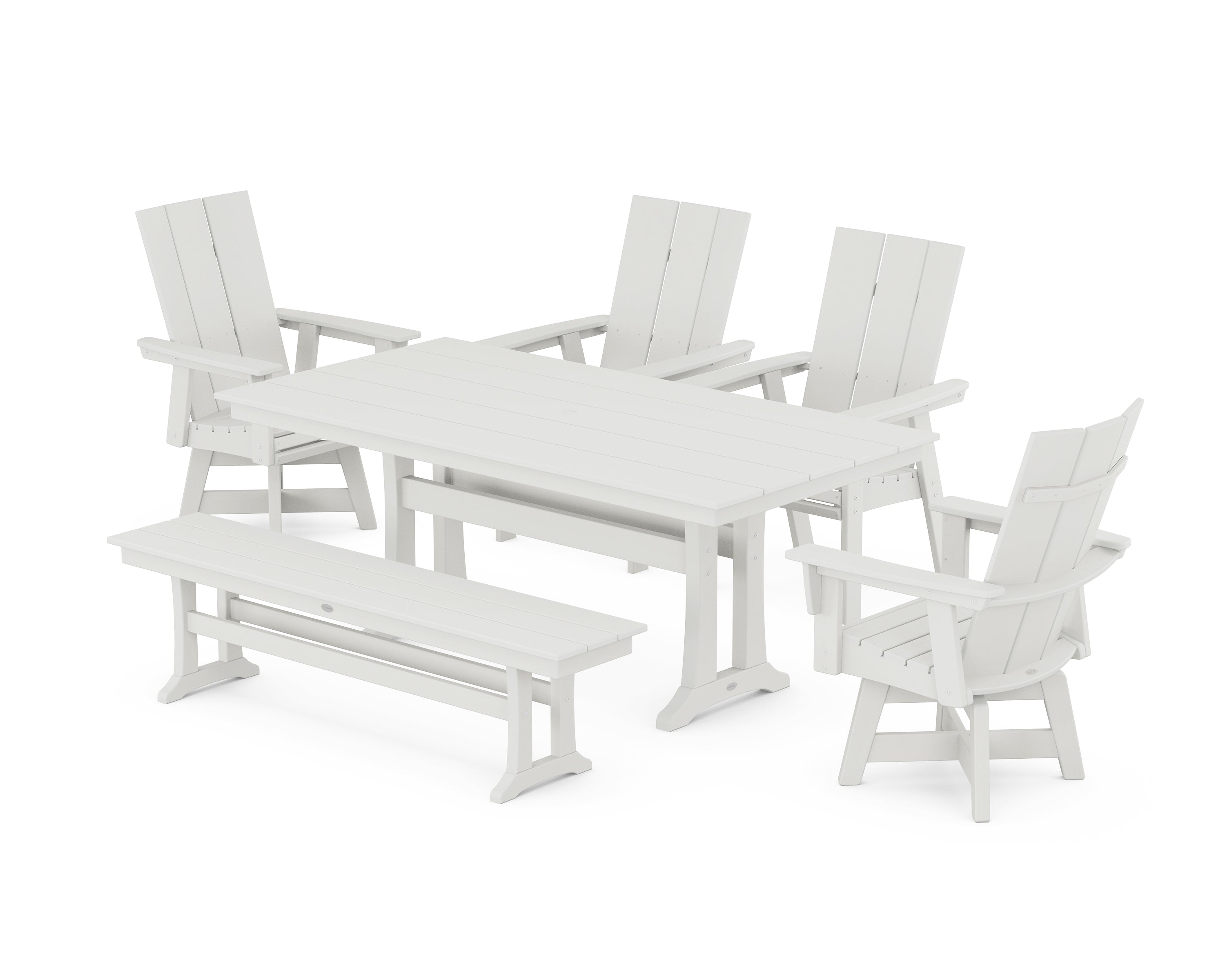 POLYWOOD® Modern Curveback Adirondack Swivel Chair 6-Piece Farmhouse Dining Set With Trestle Legs and Bench in Vintage White