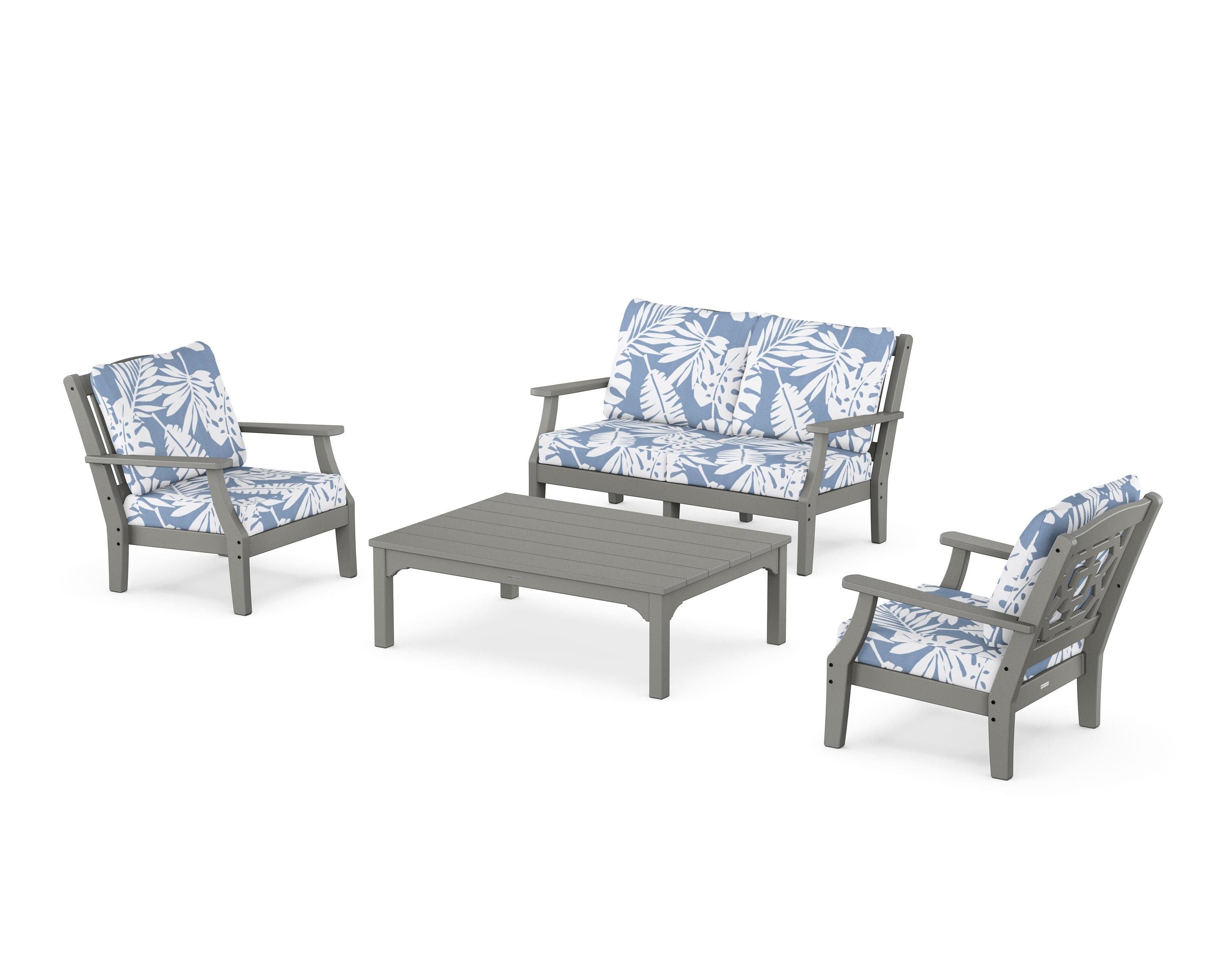 Martha Stewart by POLYWOOD Chinoiserie 4-Piece Deep Seating Set with Loveseat in Slate Grey / Leaf Sky Blue