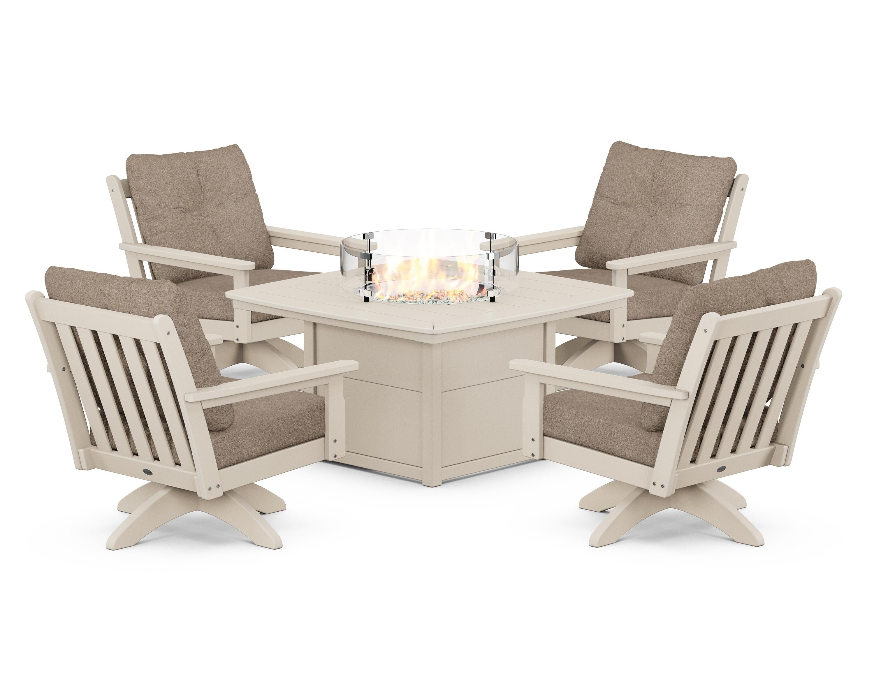 POLYWOOD Vineyard 5-Piece Deep Seating Swivel Conversation Set with Fire Pit Table in Sand / Spiced Burlap