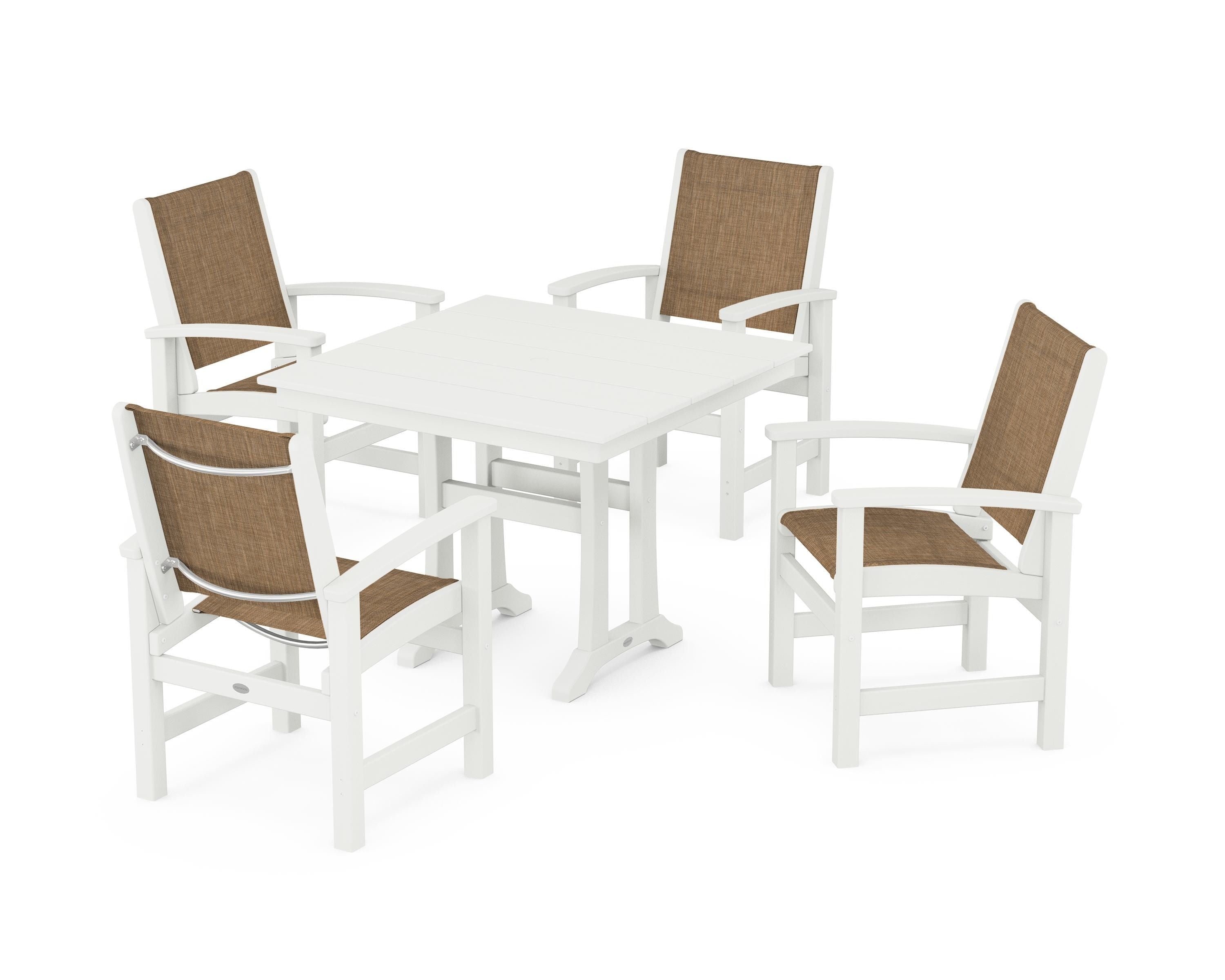 POLYWOOD Coastal 5-Piece Farmhouse Dining Set With Trestle Legs in Vintage White / Burlap Sling
