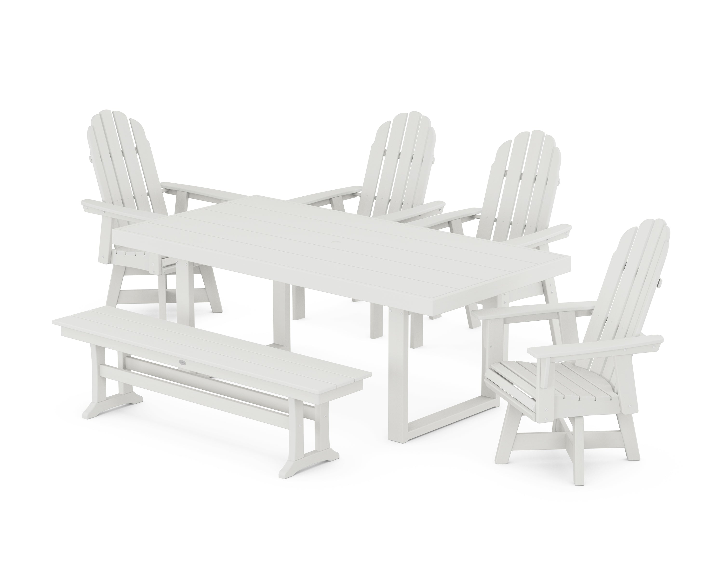 POLYWOOD® Vineyard Curveback Adirondack Swivel Chair 6-Piece Dining Set with Bench in Vintage White