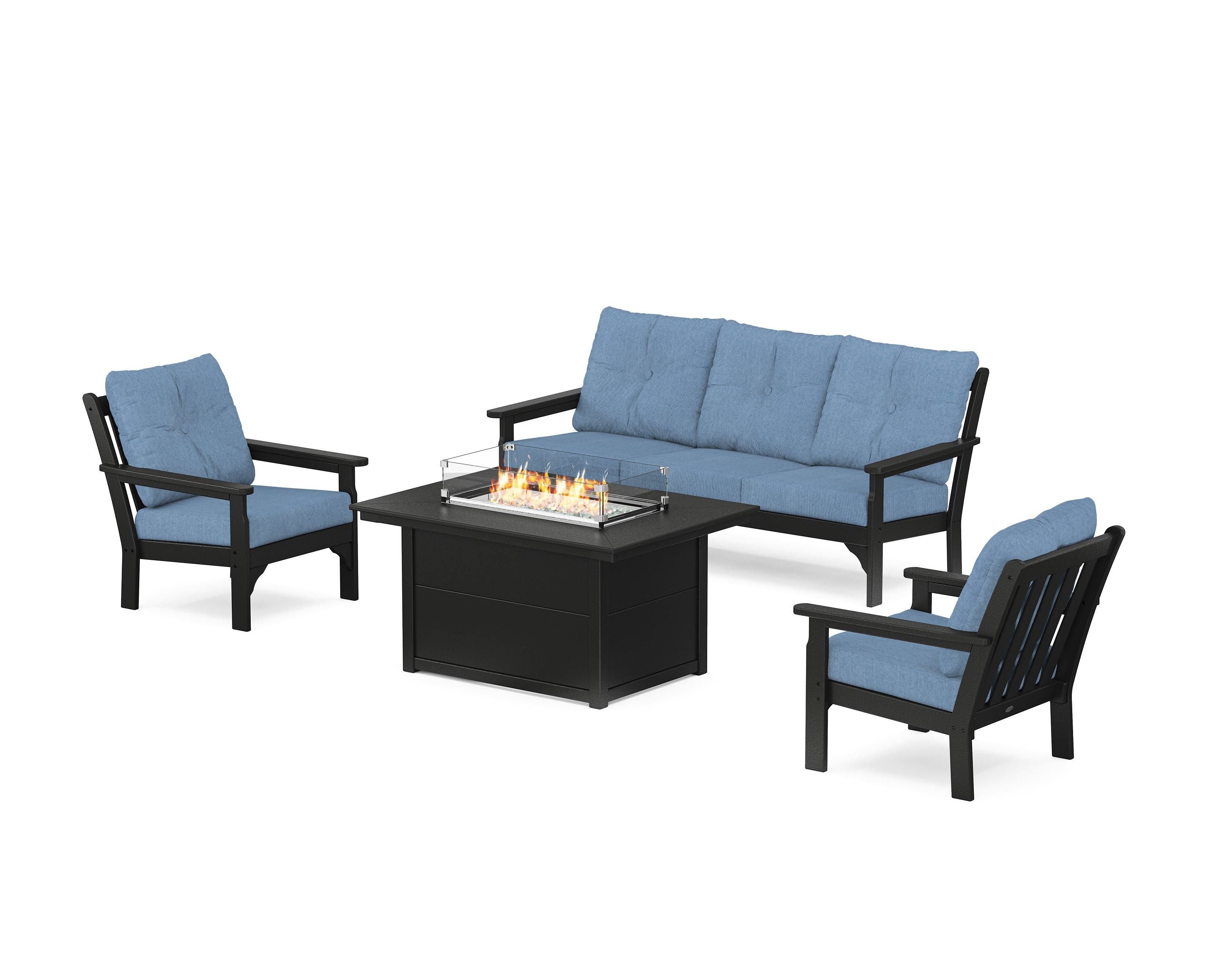 POLYWOOD Vineyard Deep Seating Fire Pit Table Set in Black / Sky Blue