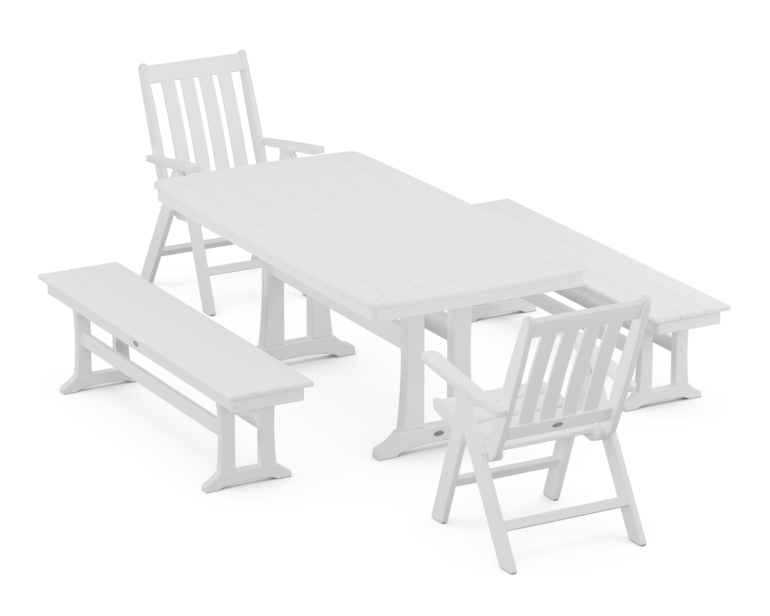 POLYWOOD® Vineyard Folding Chair 5-Piece Dining Set with Trestle Legs and Benches in White