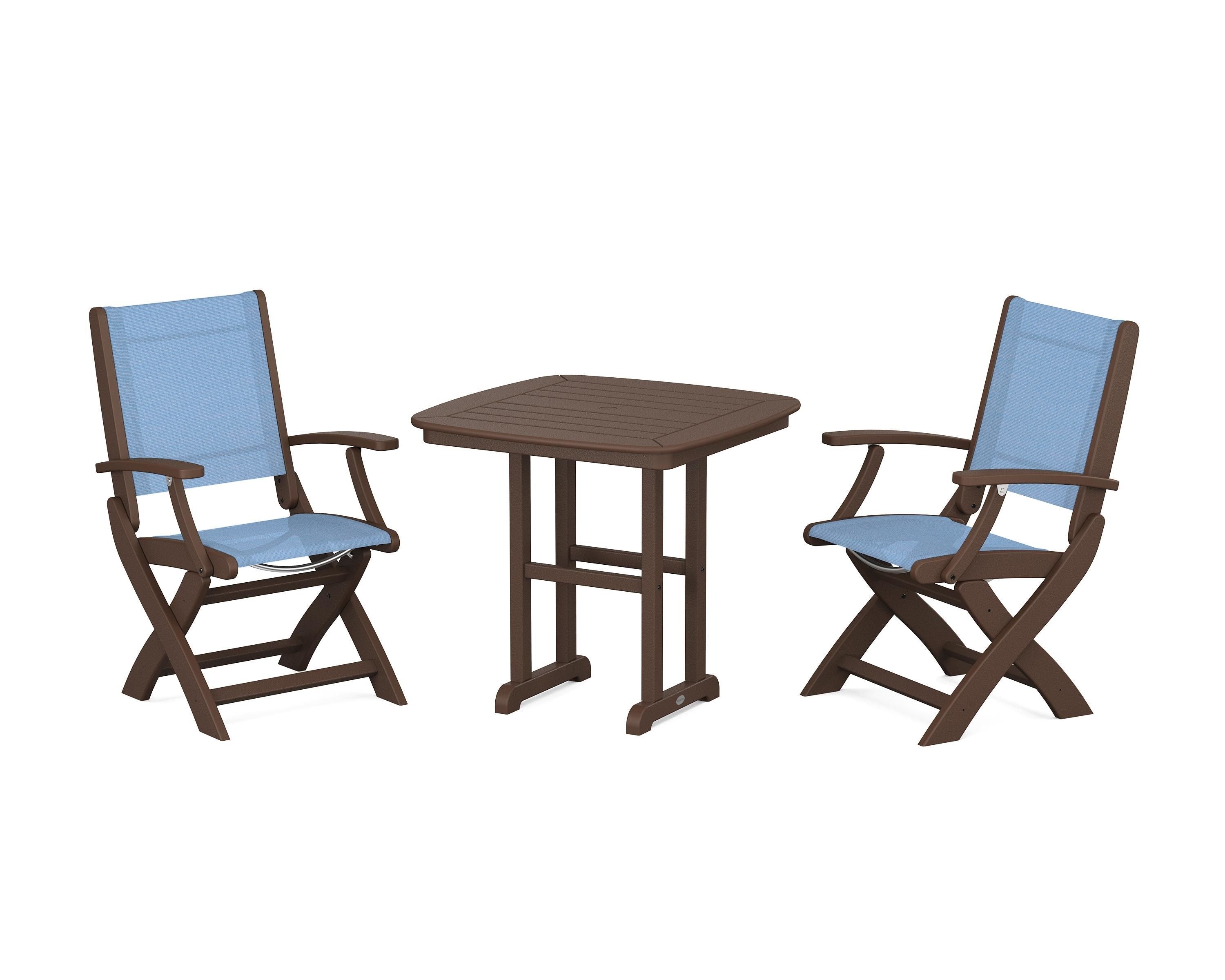 POLYWOOD Coastal Folding Chair 3-Piece Dining Set in Mahogany / Poolside Sling