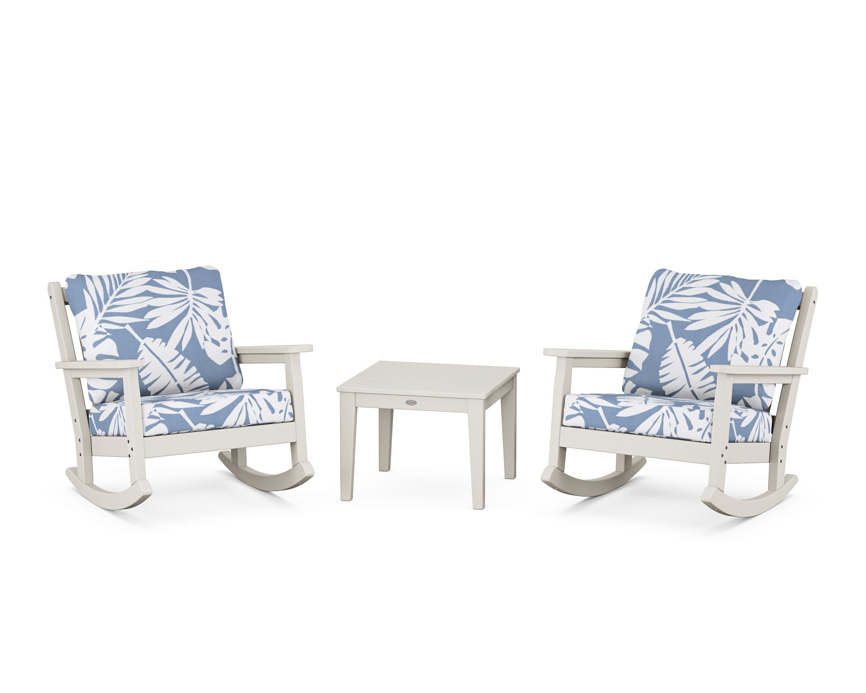 POLYWOOD Chippendale 3-Piece Deep Seating Rocker Set in Sand / Leaf Sky Blue