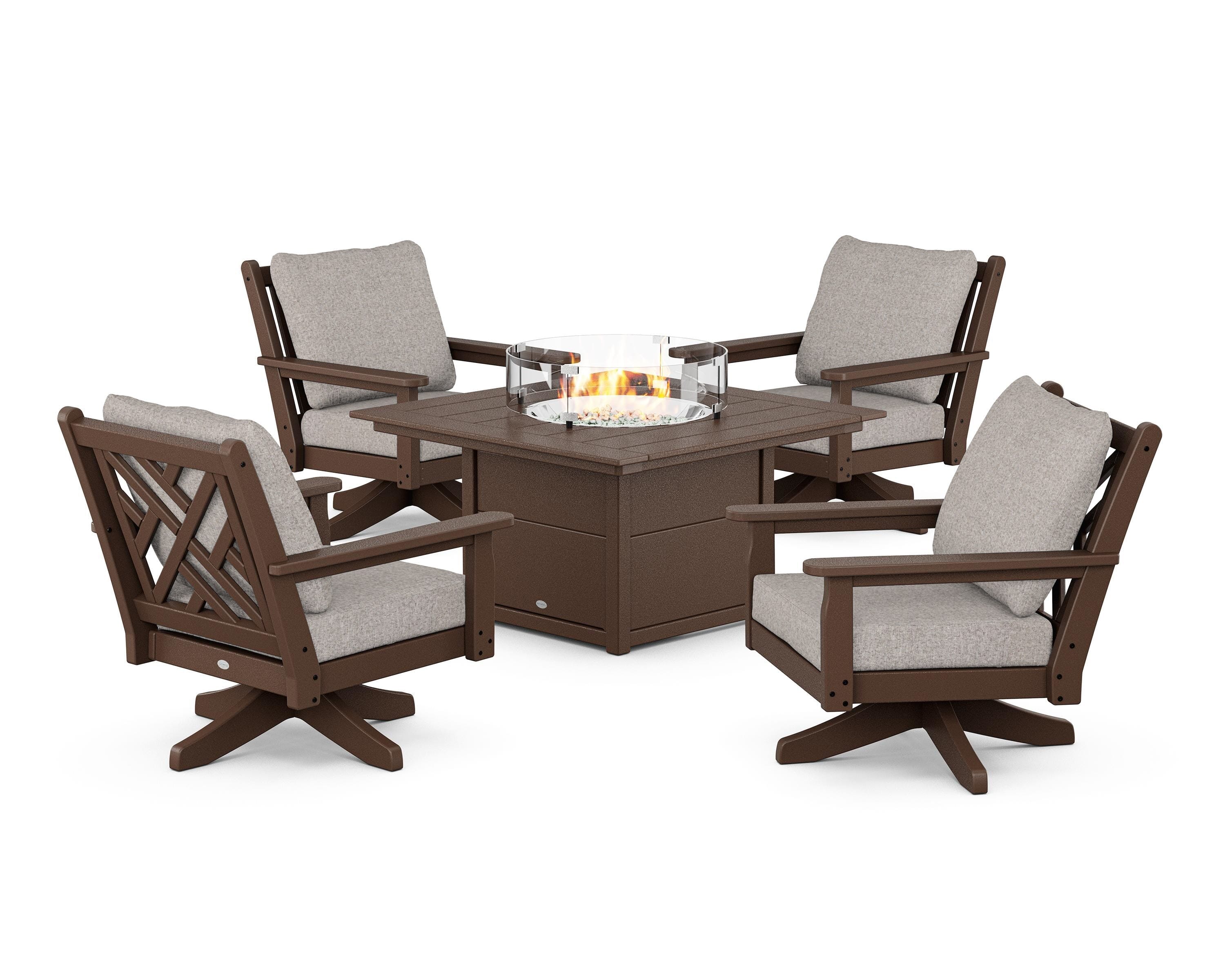 POLYWOOD Chippendale 5-Piece Deep Seating Swivel Conversation Set with Fire Pit Table in Mahogany / Weathered Tweed