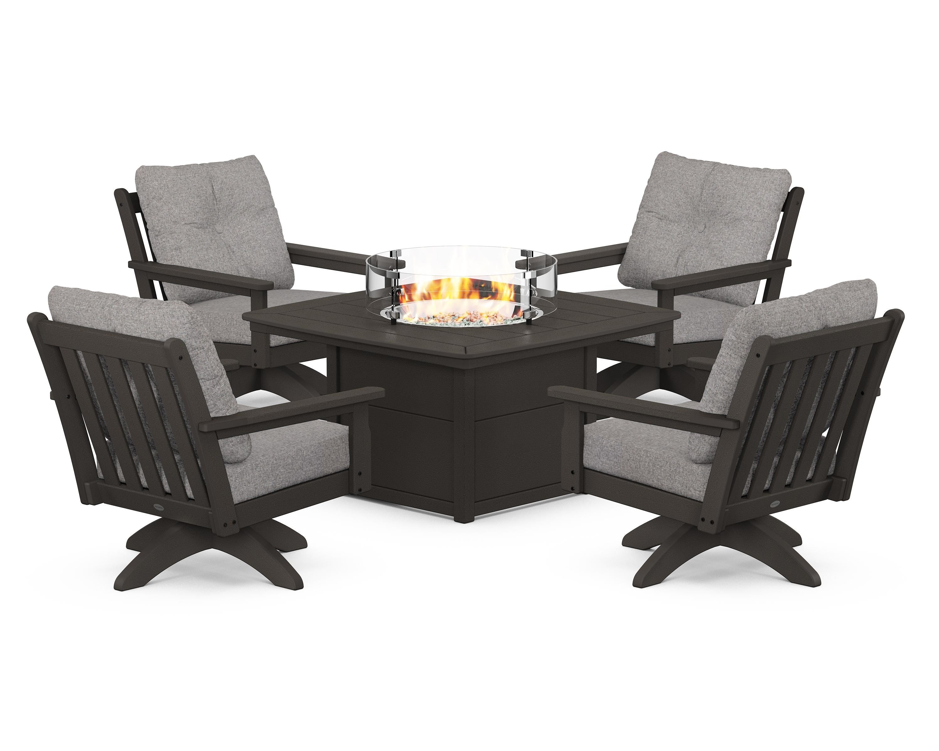 POLYWOOD Vineyard 5-Piece Deep Seating Swivel Conversation Set with Fire Pit Table in Vintage Coffee / Grey Mist