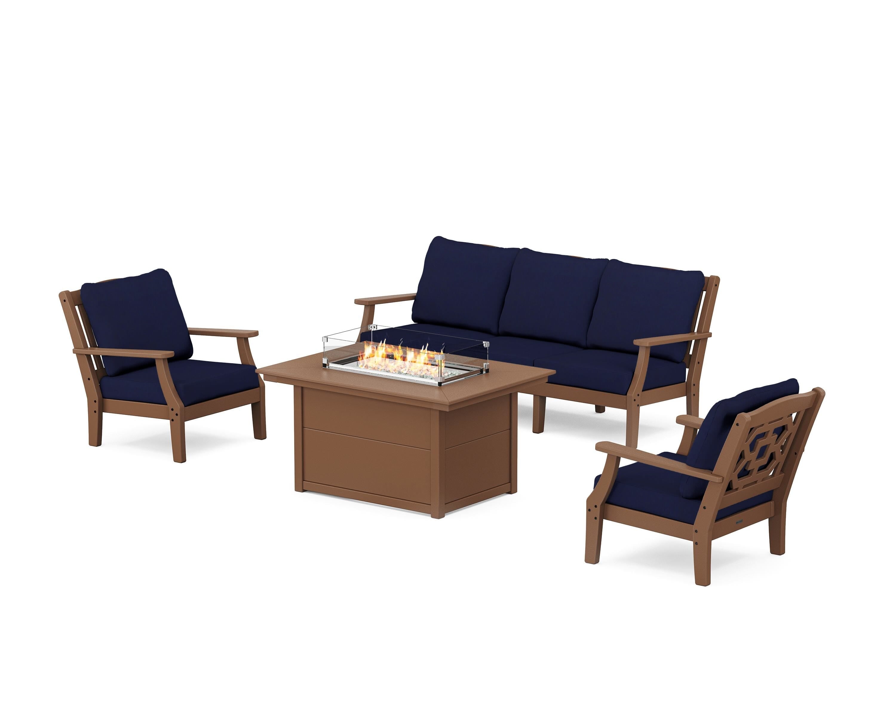Martha Stewart by POLYWOOD Chinoiserie Deep Seating Fire Pit Table Set in Teak / Navy