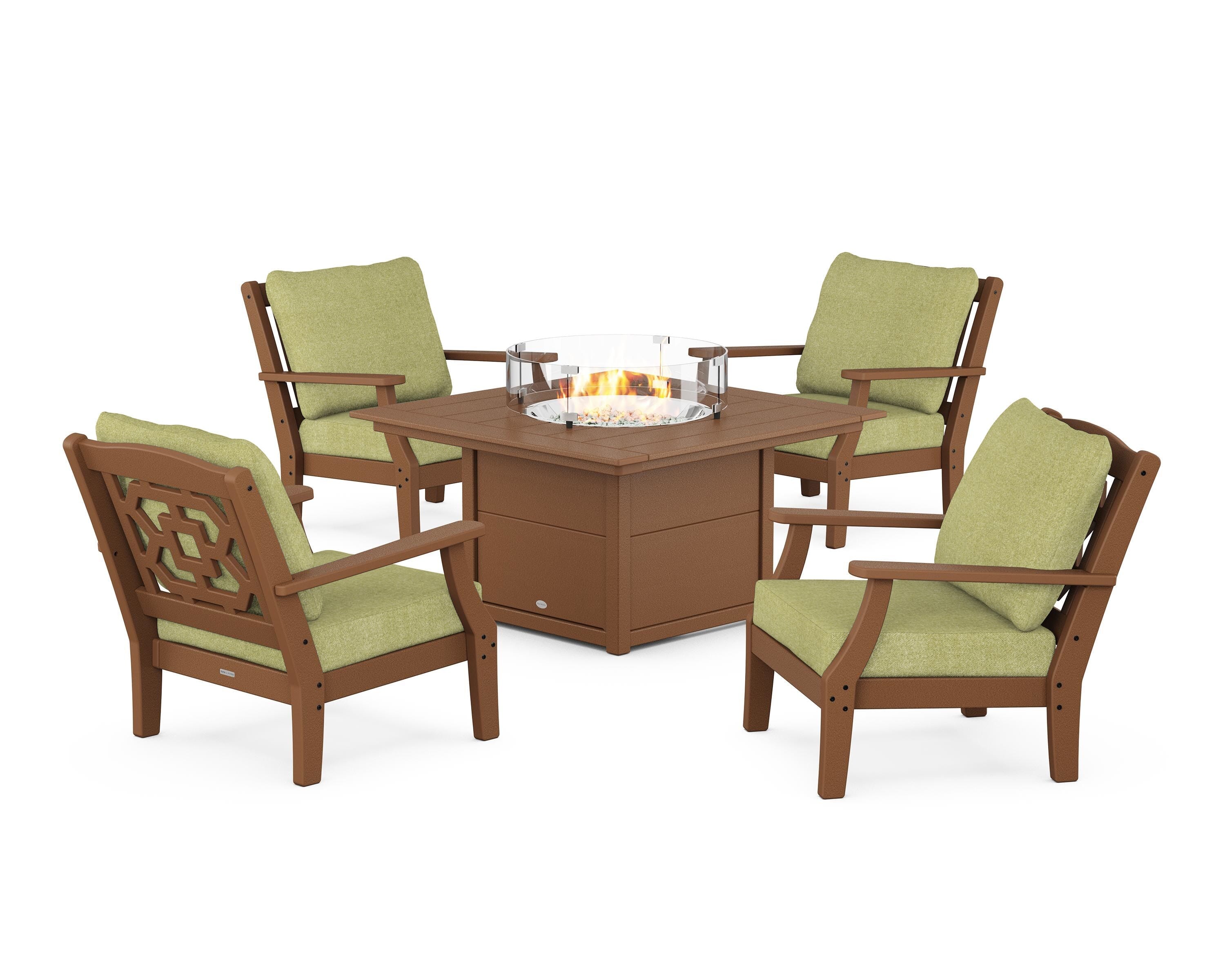 Martha Stewart by POLYWOOD Chinoiserie 5-Piece Deep Seating Set with Fire Pit Table in Teak / Chartreuse Boucle