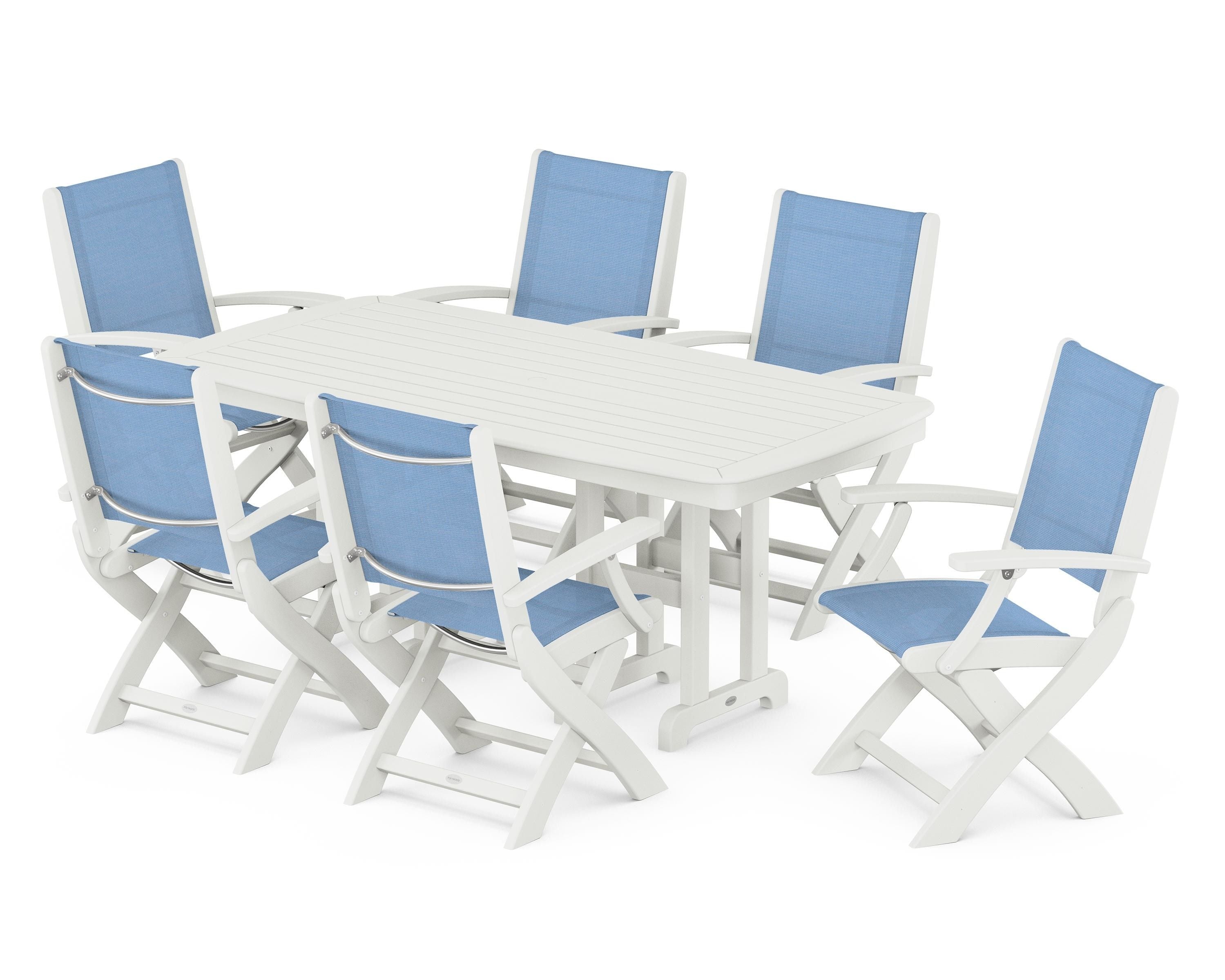 POLYWOOD Coastal Folding Arm Chair 7-Piece Dining Set in Vintage White / Poolside Sling