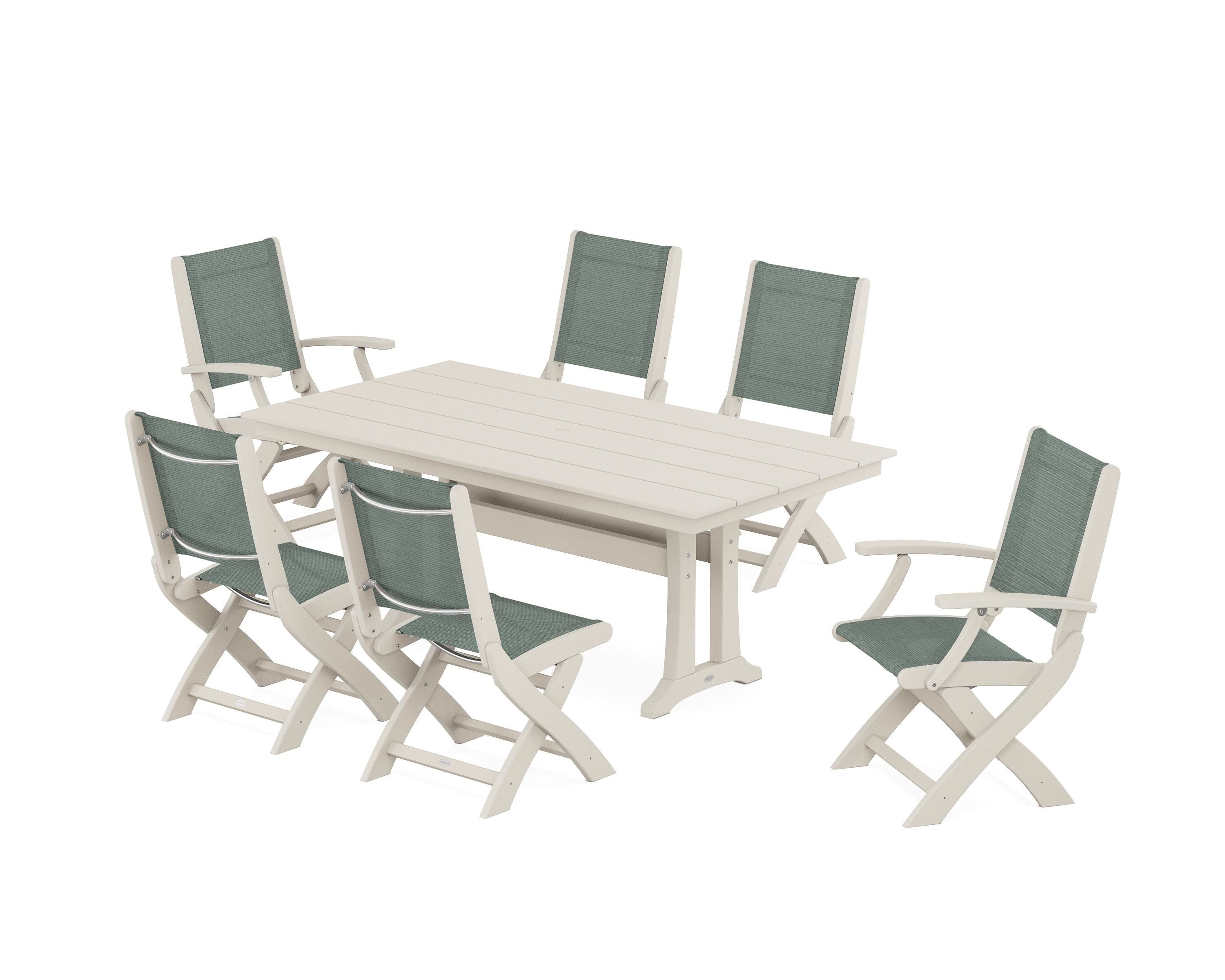 POLYWOOD Coastal Folding Chair 7-Piece Farmhouse Dining Set with Trestle Legs in Sand / Dupioni Sea Mist Sling