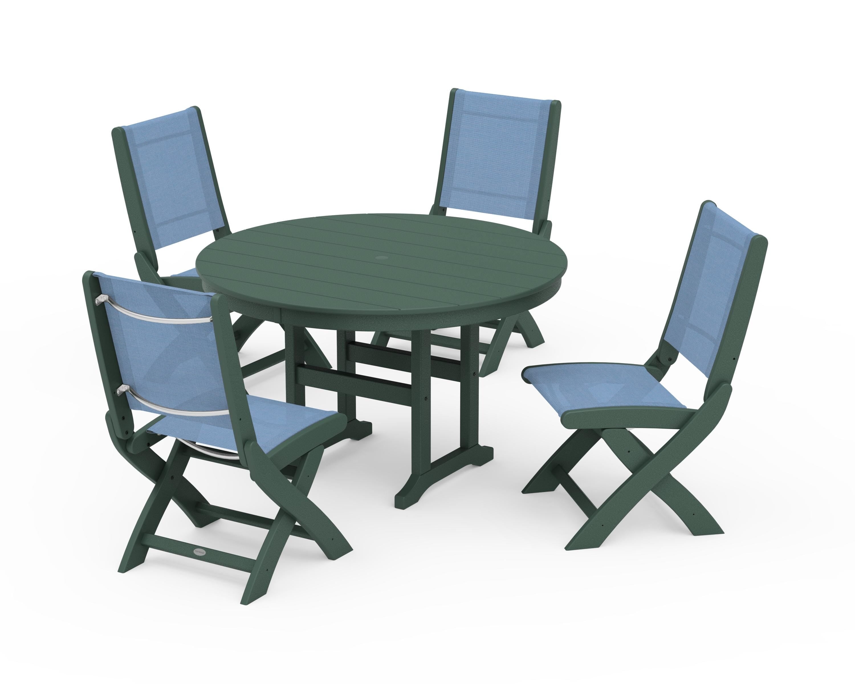 POLYWOOD Coastal Folding Side Chair 5-Piece Round Dining Set in Green / Poolside Sling