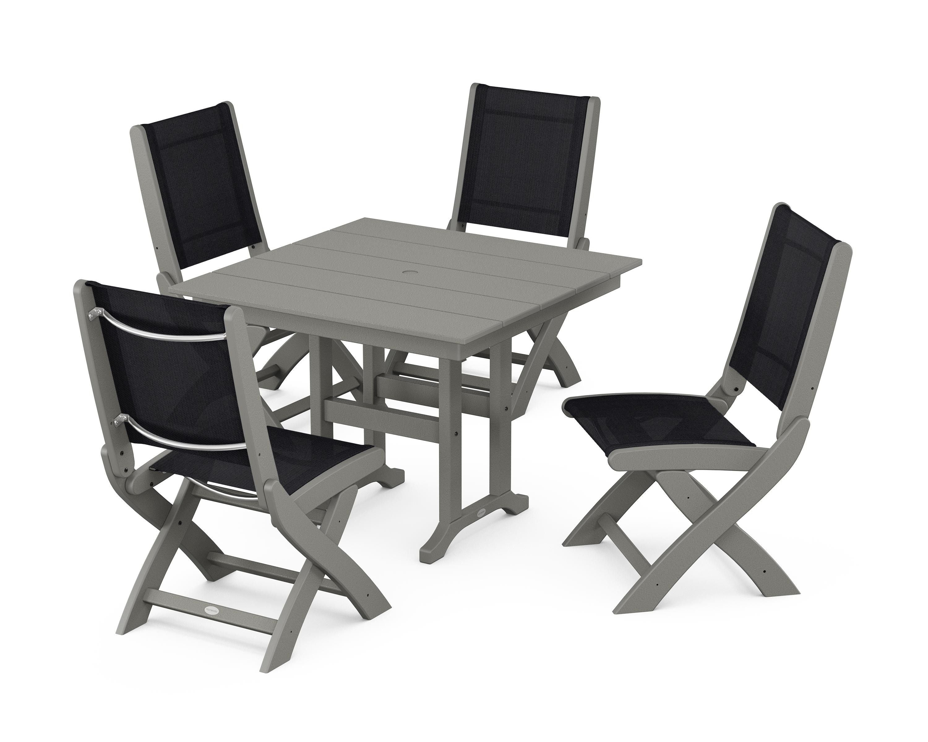 POLYWOOD Coastal Folding Side Chair 5-Piece Farmhouse Dining Set in Slate Grey / Black Sling