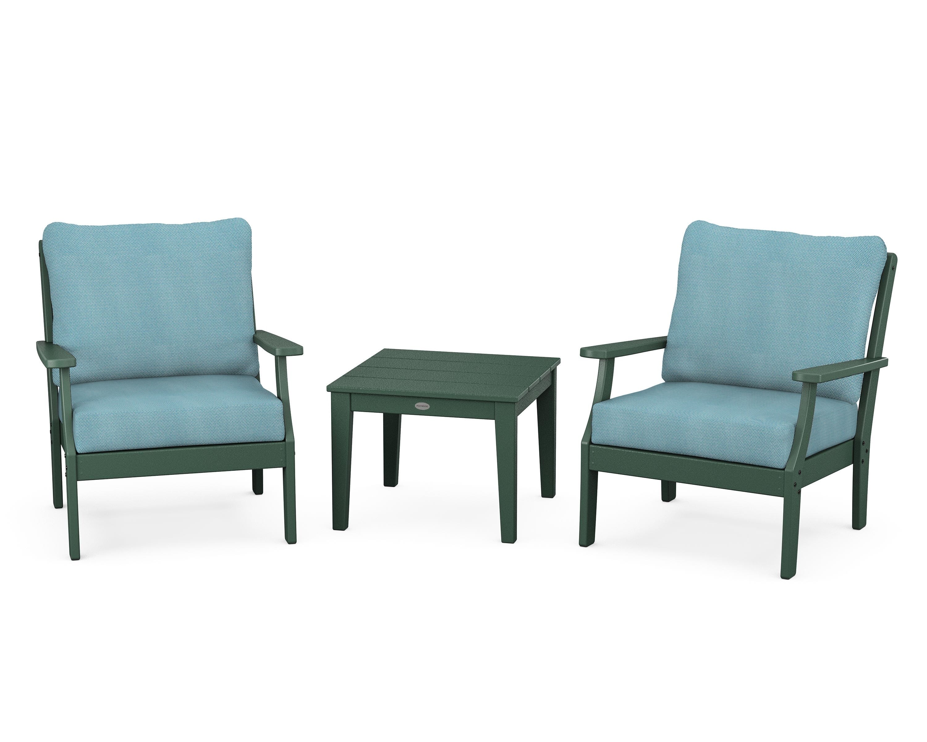 POLYWOOD Braxton 3-Piece Deep Seating Set in Green / Lattice Sky Blue