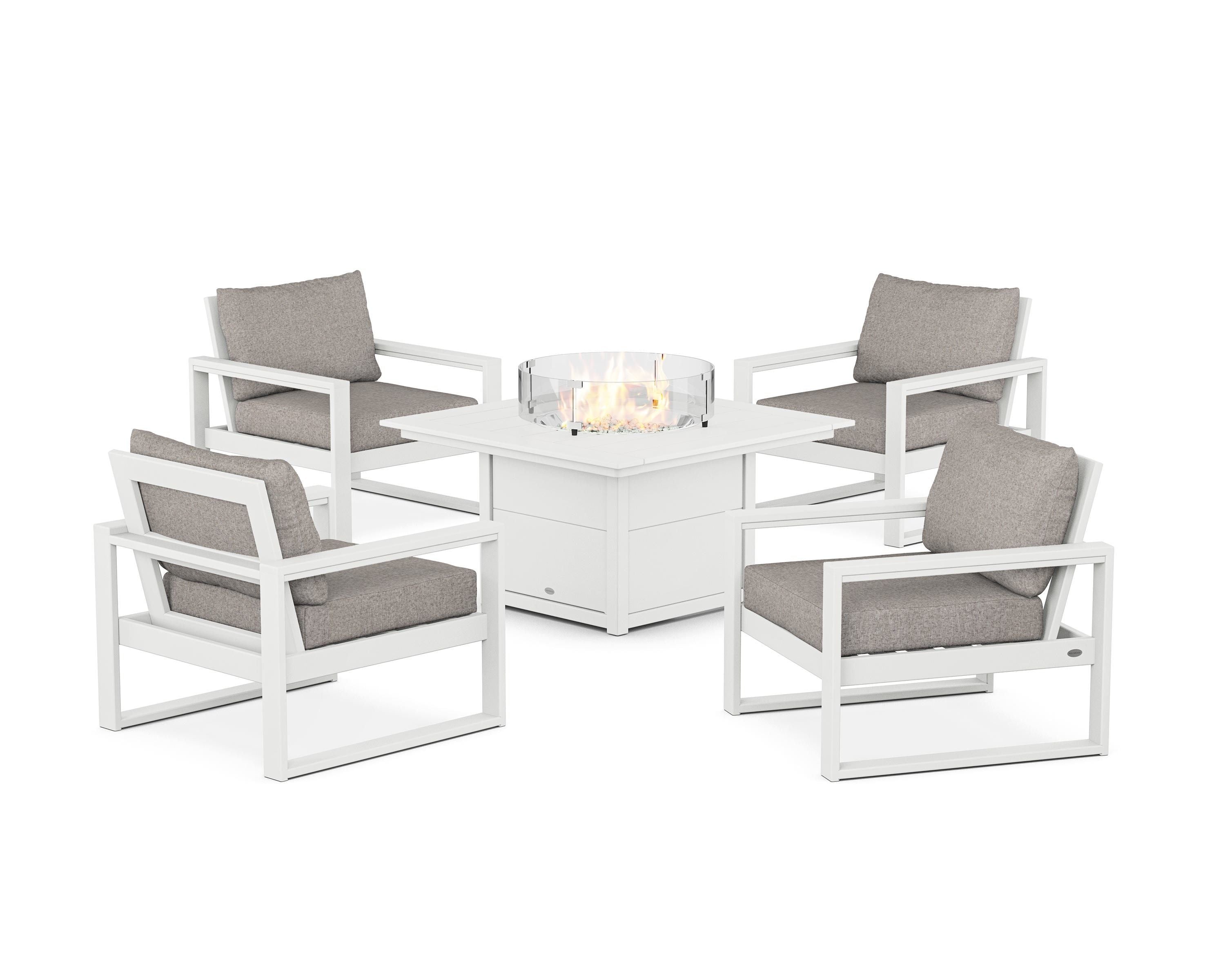 POLYWOOD EDGE Sectional 5-Piece Deep Seating Set with Fire Pit Table in White / Weathered Tweed