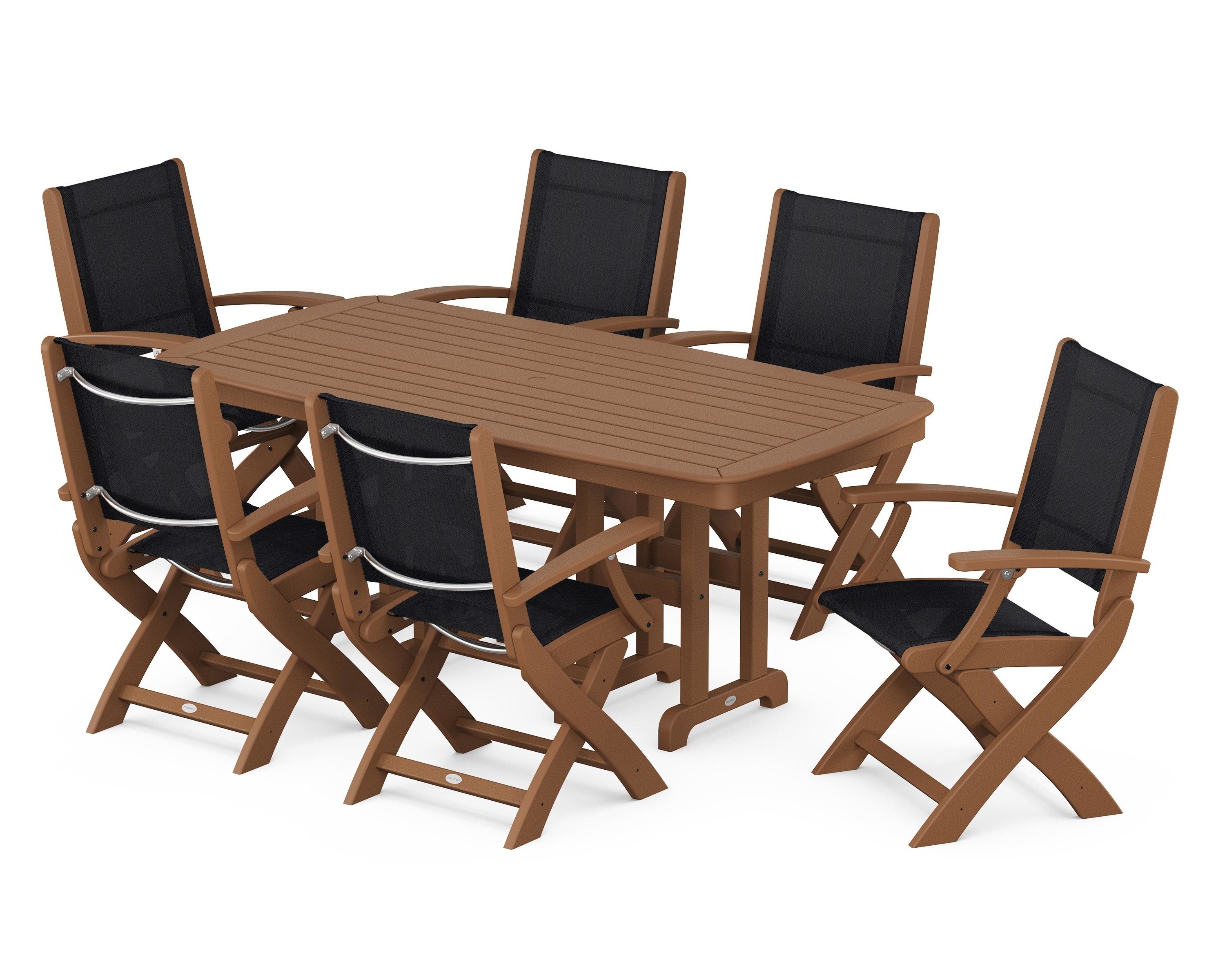 POLYWOOD Coastal Folding Arm Chair 7-Piece Dining Set in Teak / Black Sling