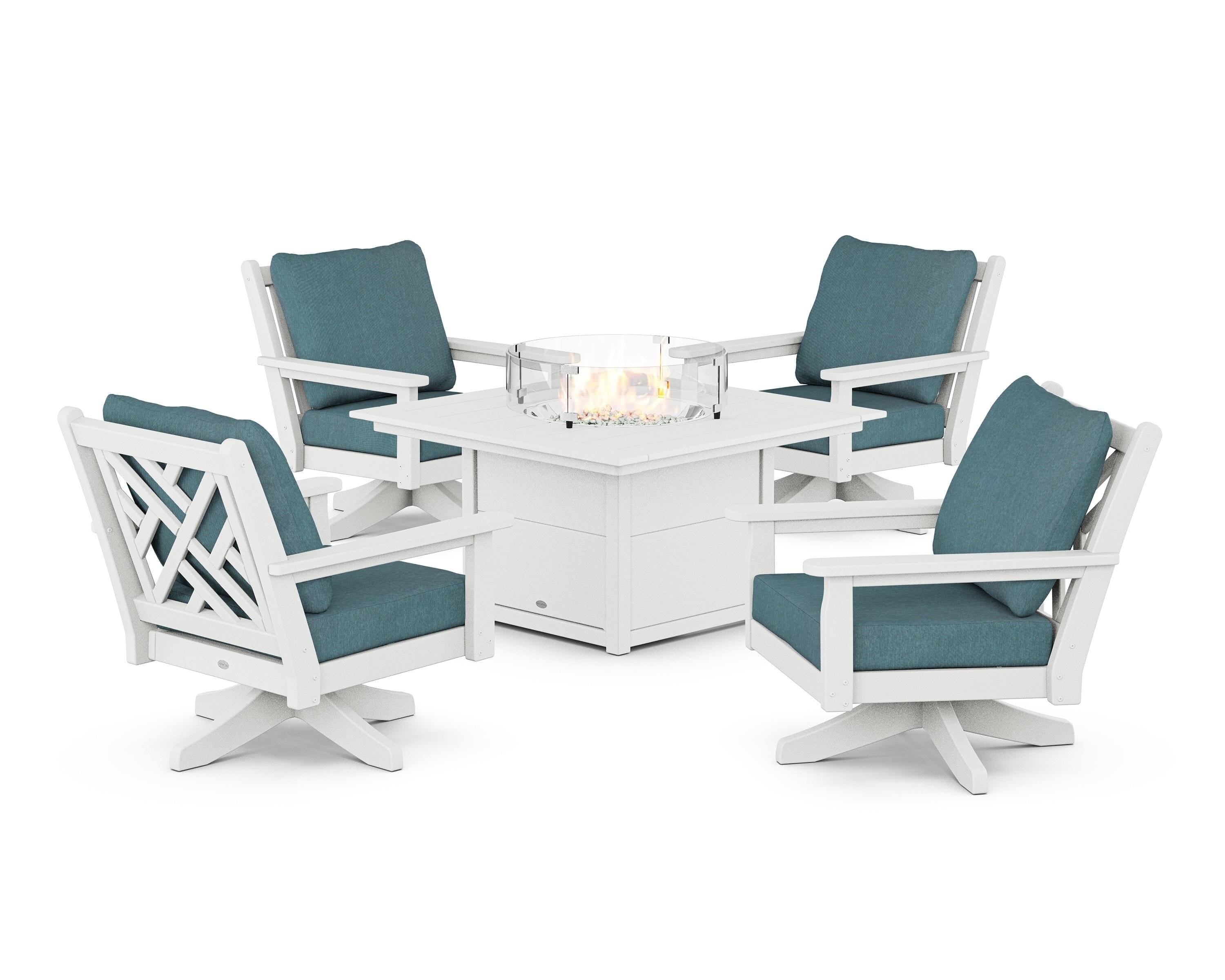 POLYWOOD Chippendale 5-Piece Deep Seating Swivel Conversation Set with Fire Pit Table in White / Ocean Teal