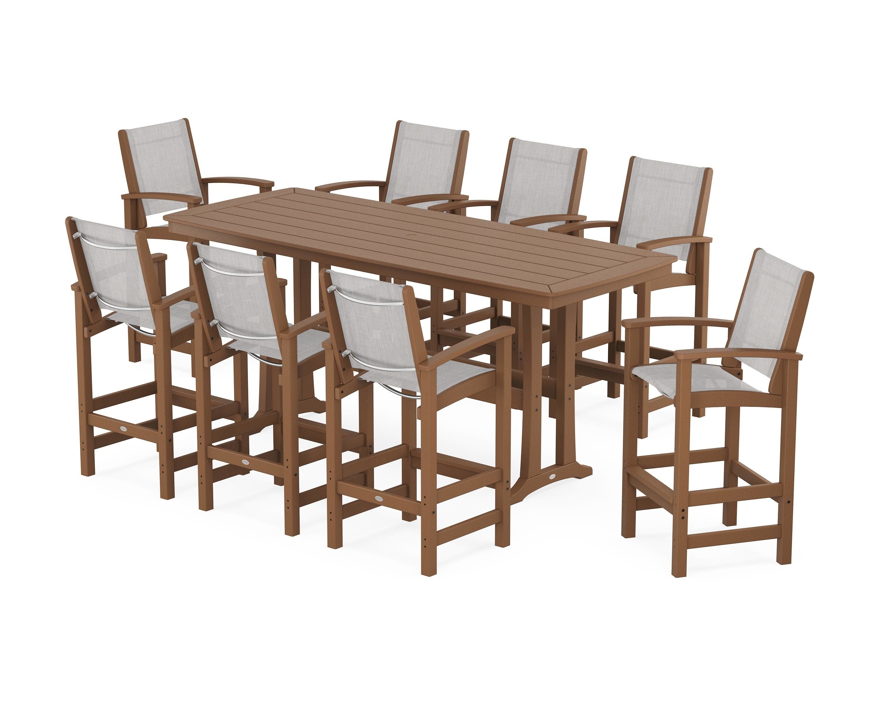 POLYWOOD Coastal 9-Piece Bar Set with Trestle Legs in Teak / Parchment Sling