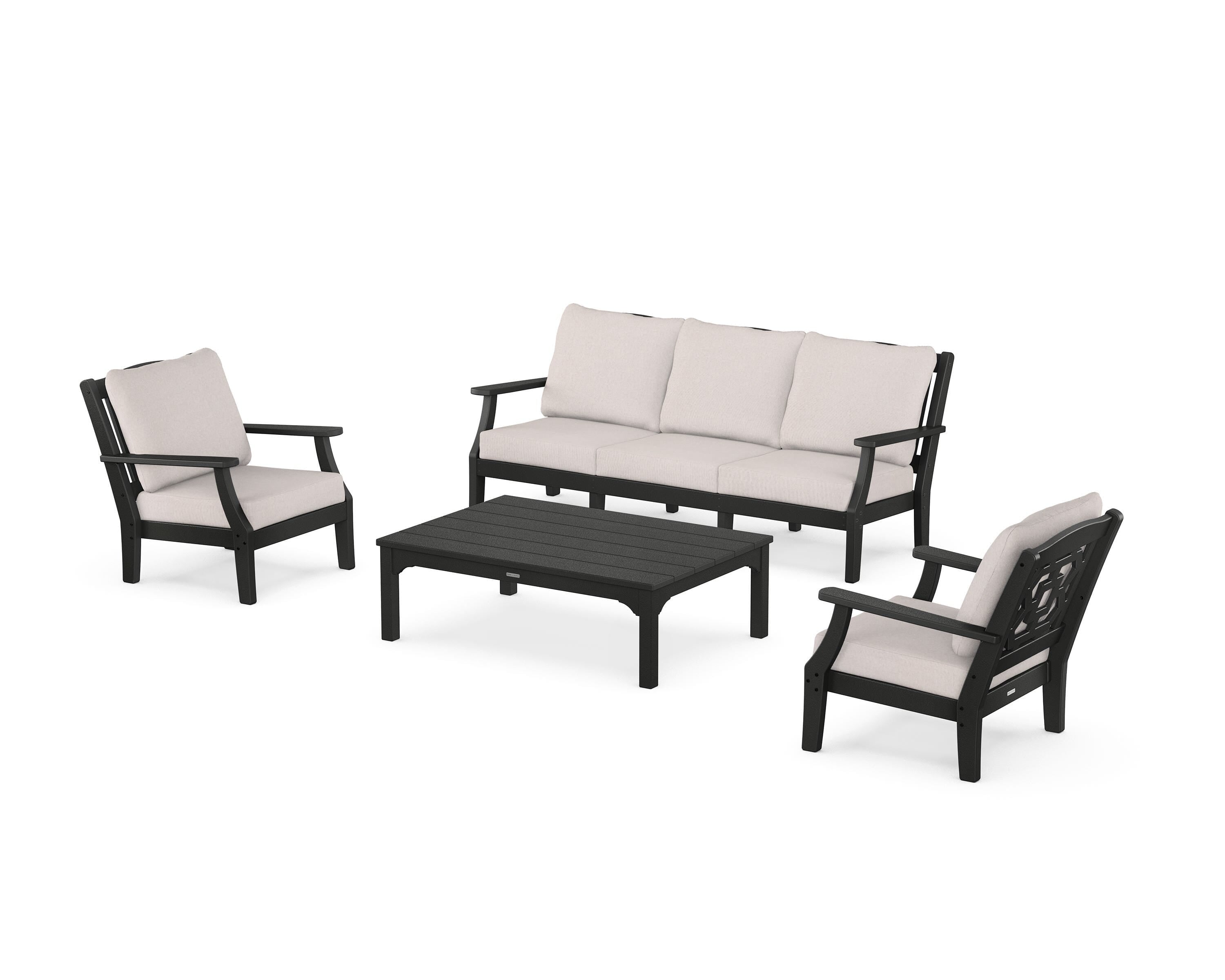 Martha Stewart by POLYWOOD Chinoiserie 4-Piece Deep Seating Set with Sofa in Black / Dune Burlap