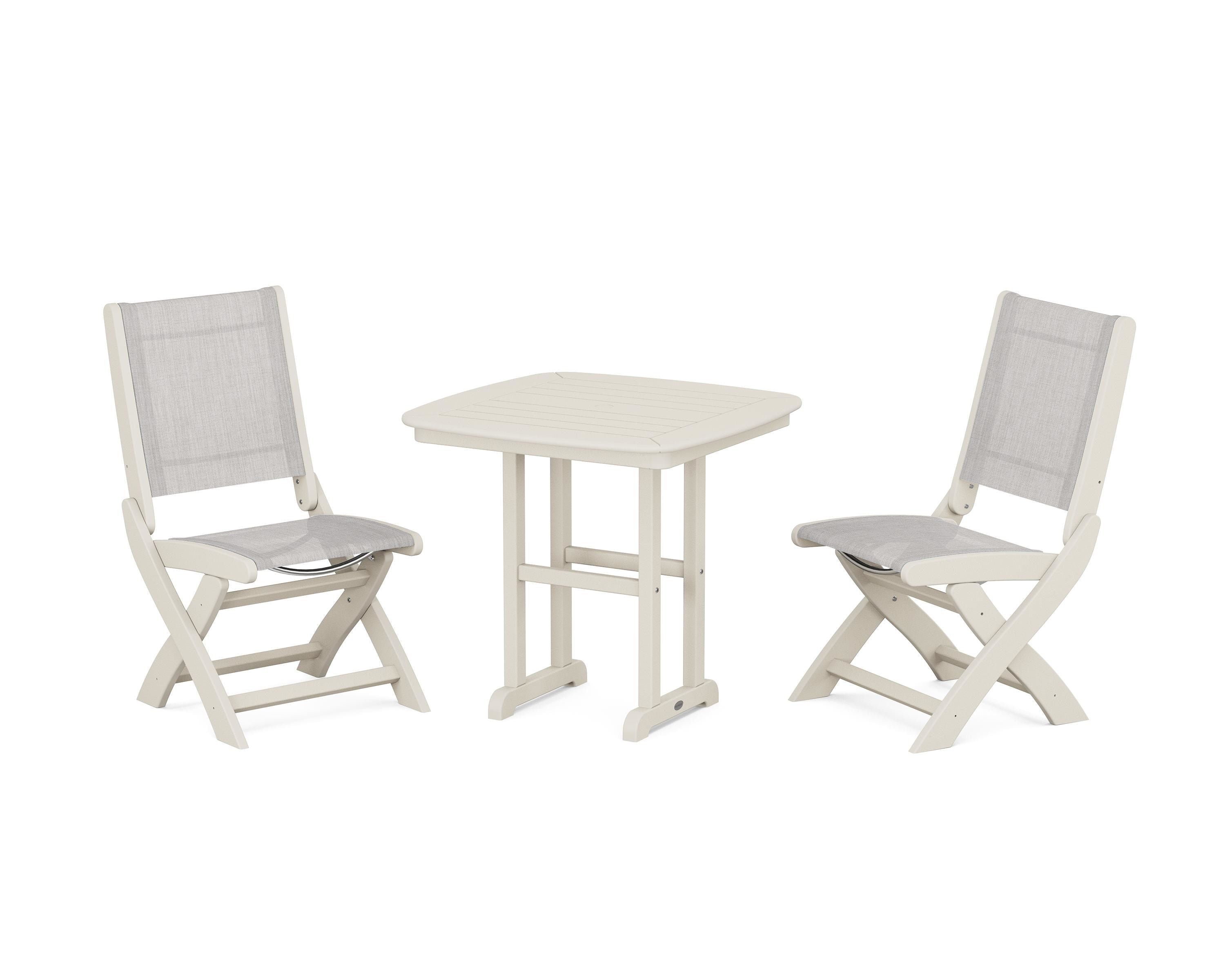 POLYWOOD Coastal Folding Side Chair 3-Piece Dining Set in Sand / Parchment Sling